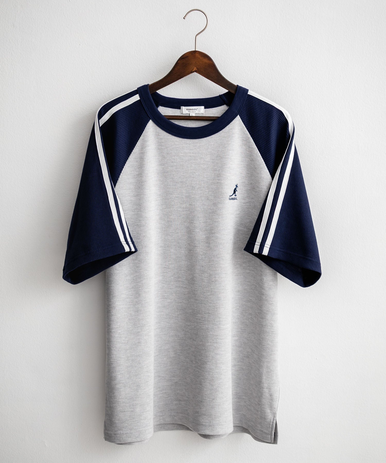 KANGOL カンゴール 別注コラボ オーバーサイズ袖ラインワッフルワンポイントロゴ刺繍ラグラン半袖Tシャツ