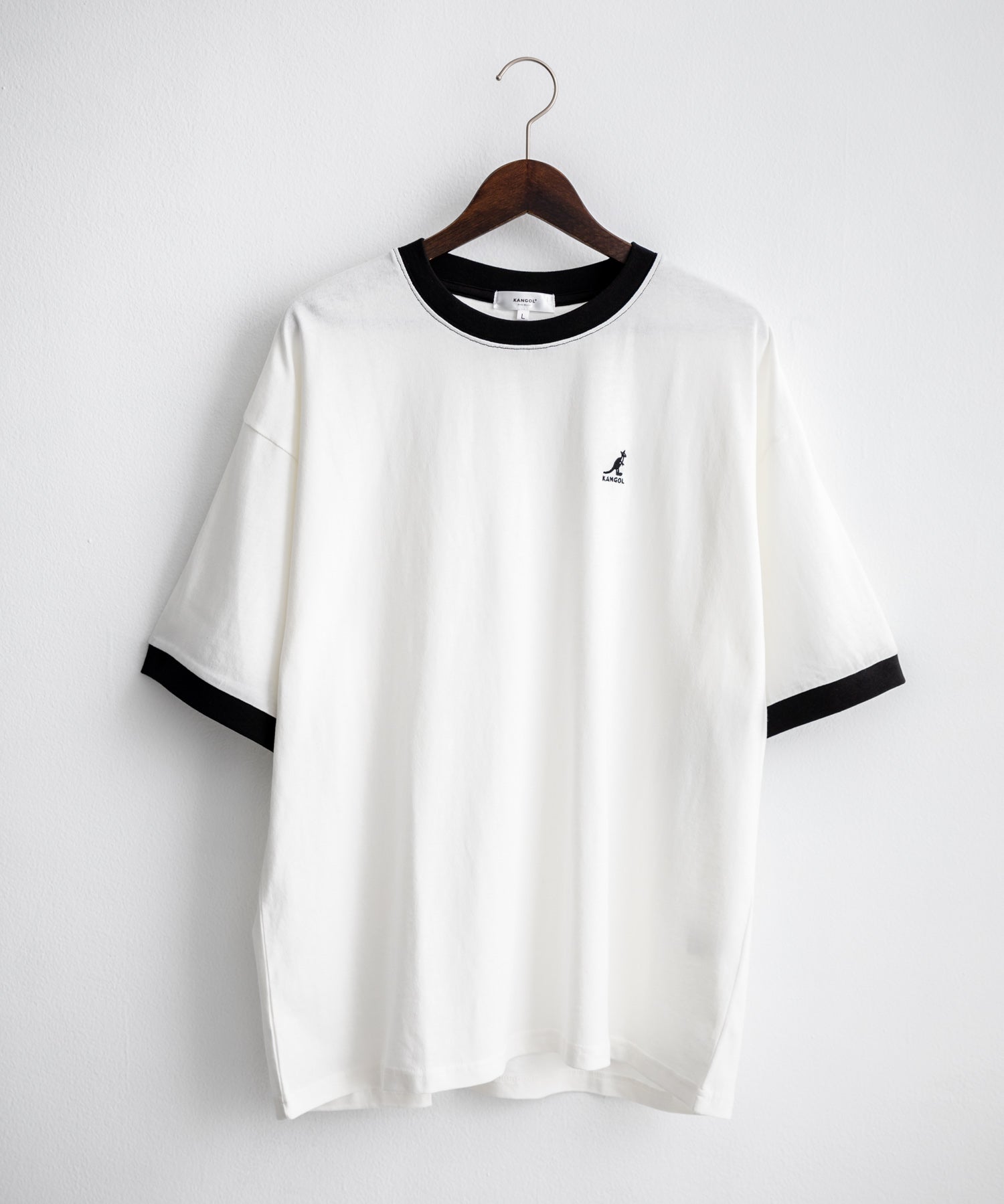 KANGOL 別注コラボ ワンポイントロゴ刺繍半袖クルーネックTシャツ 無地/リンガーネック