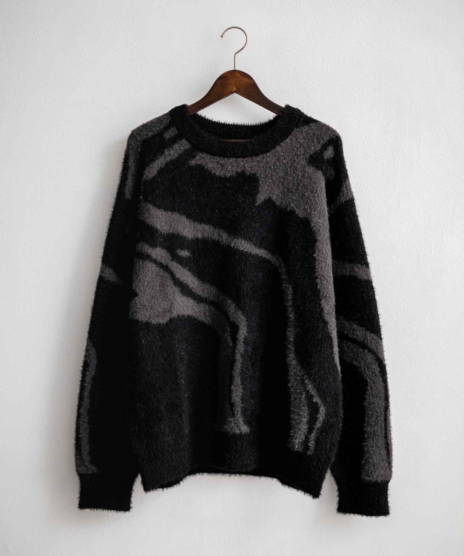 5Gフェザーヤーンジャガードマーブル柄ルーズクルーネック長袖ニット 15190