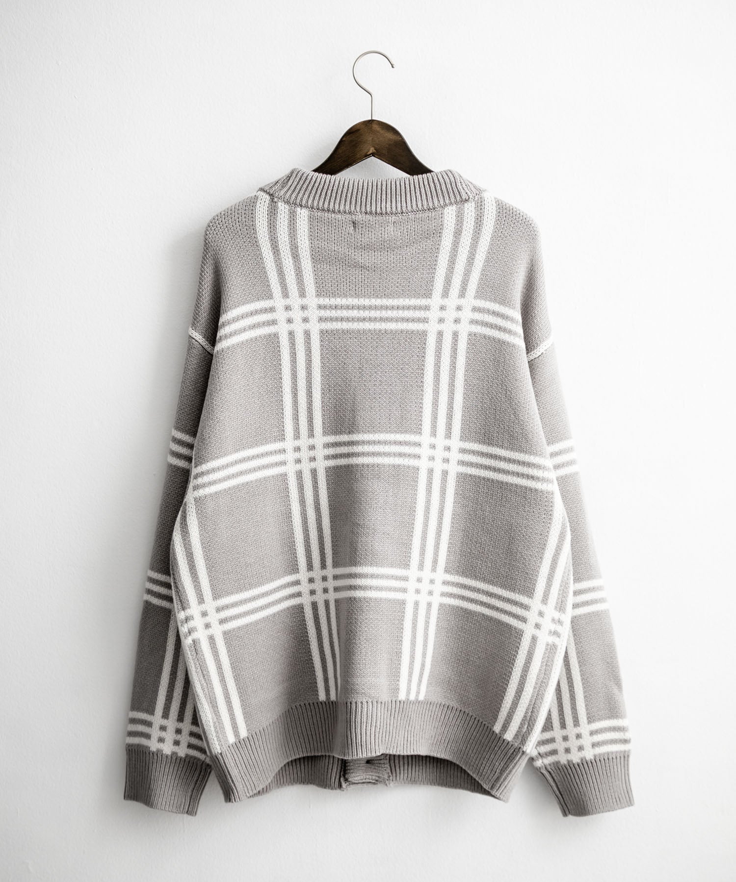 オーバーサイズ総柄Vネックボリュームニットカーディガン アーガイル柄 チェック柄 15484