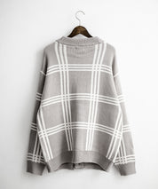 オーバーサイズ総柄Vネックボリュームニットカーディガン アーガイル柄 チェック柄 15484