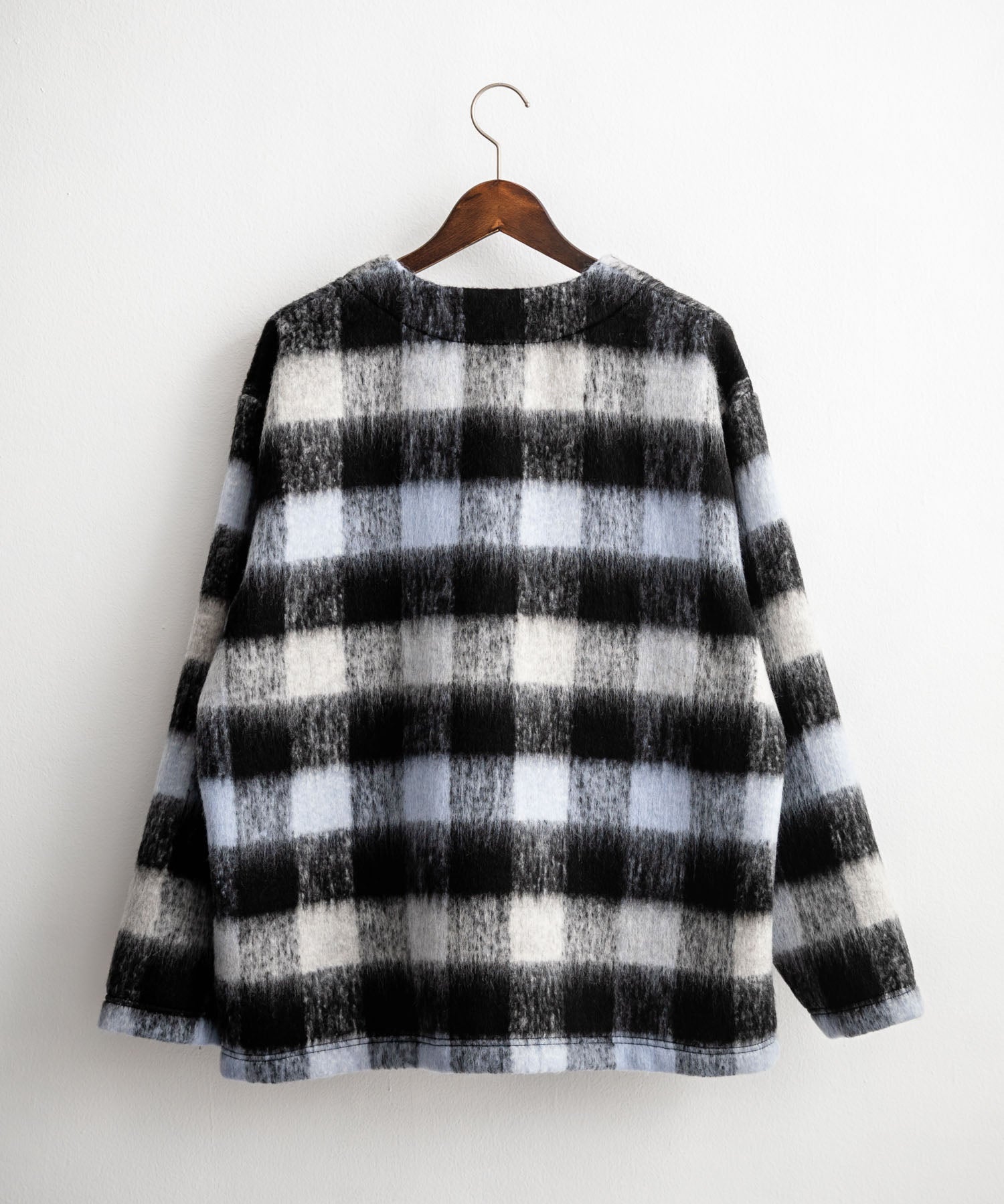 Upscape Audience アップスケープオーディエンス 日本製 国産 ECOLANA オーバーサイズシャギーチェックノーカラージャケット AUD7339 14897