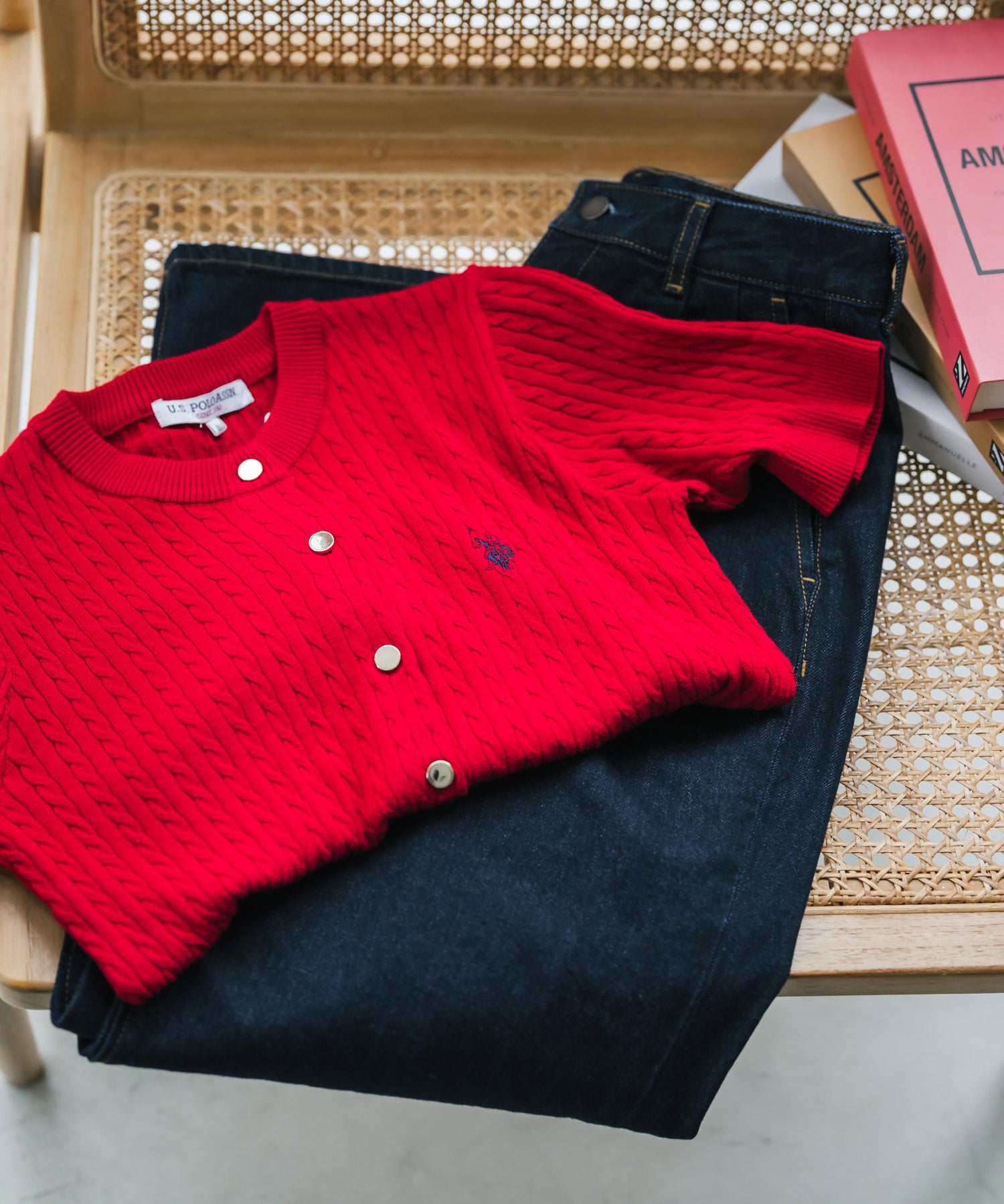 U.S. POLO ASSN. ユーエスポロアッスン W's ワンポイントロゴ刺繍ケーブル半袖カーディガン 無地/ボーダー 15899