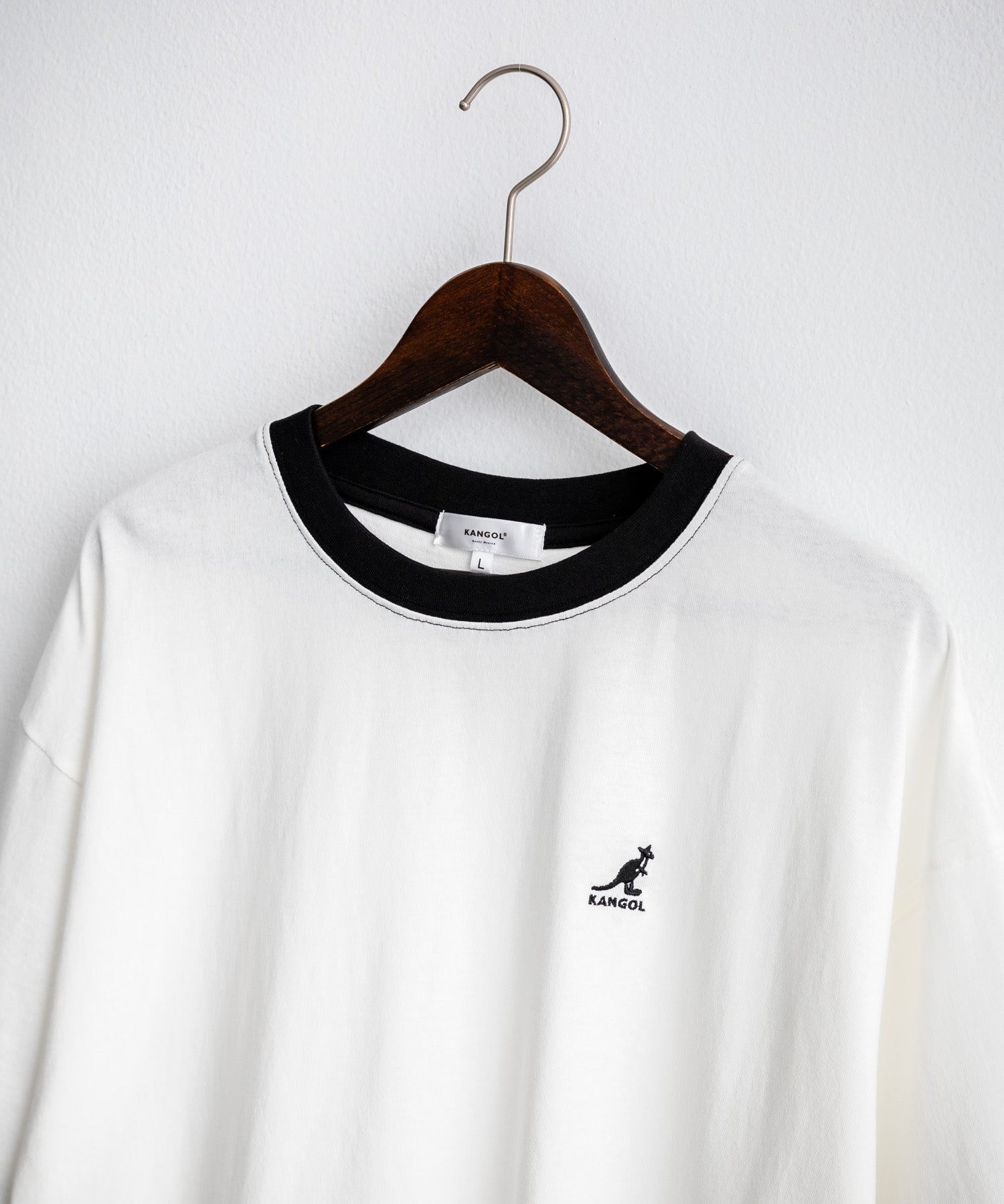 KANGOL 別注コラボ ワンポイントロゴ刺繍半袖クルーネックTシャツ 無地/リンガーネック