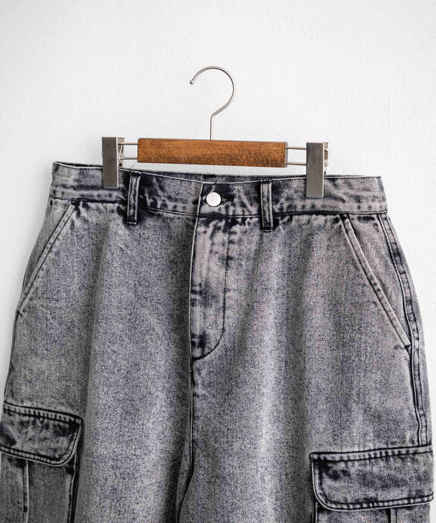 ケミカルウォッシュ オーバーダイ ワイドデニムカーゴハーフパンツ 15733