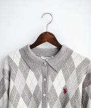 U.S. POLO ASSN. ユーエスポロアッスン W's ワンポイントロゴ刺繍アーガイル柄襟付き長袖ニットカーディガン 16457