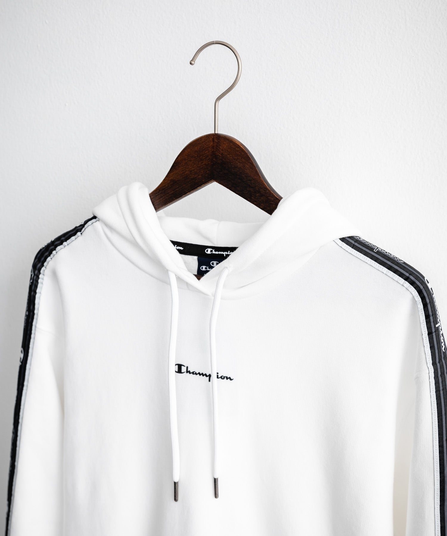 Champion チャンピオン オーバーサイズ袖ラインロゴ裏毛プルオーバーパーカー Mens Hooded Sweatshirt