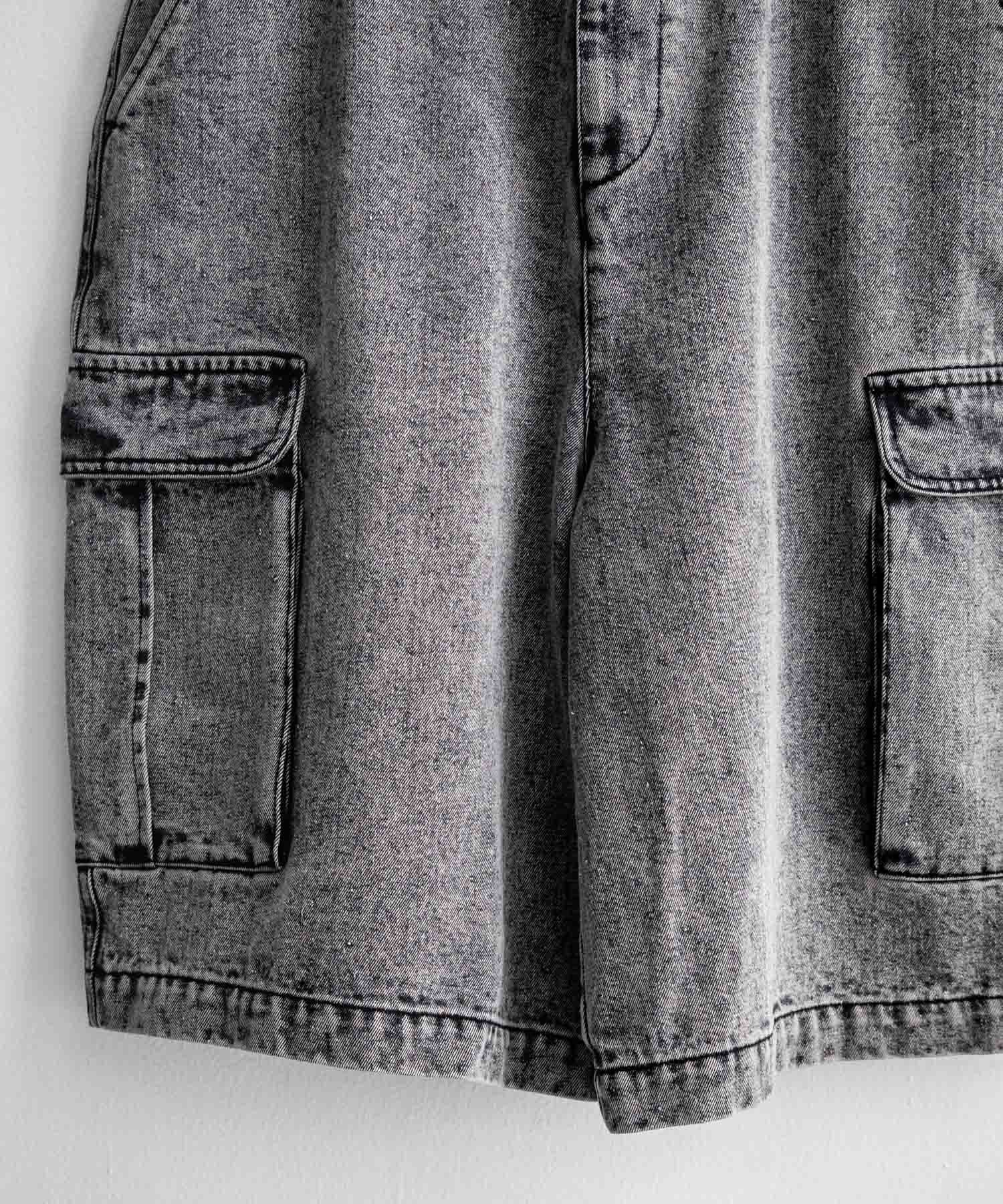 ケミカルウォッシュ オーバーダイ ワイドデニムカーゴハーフパンツ 15733