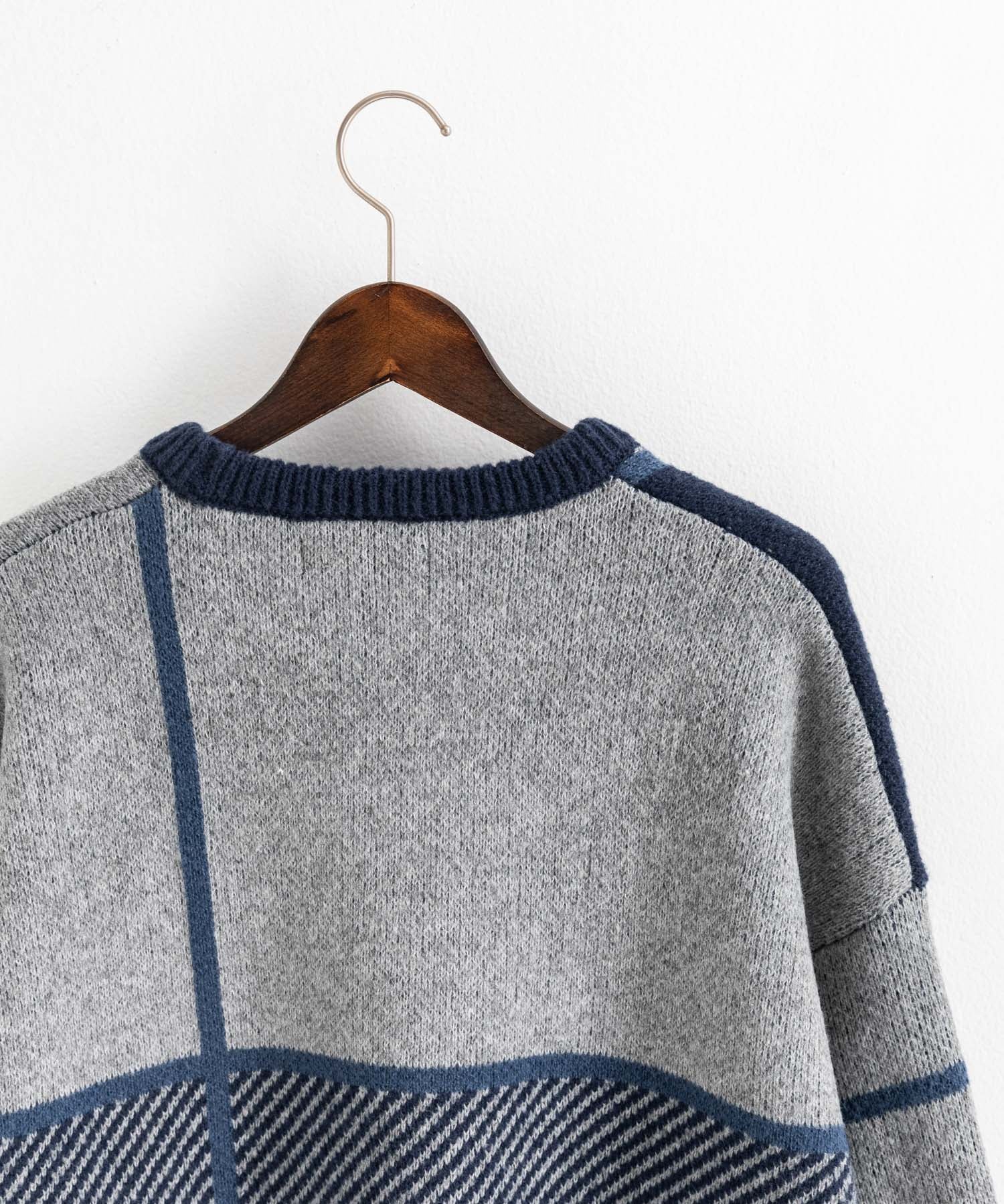 新色追加 オーバーサイズ クロスチェック柄クルーニット　14052