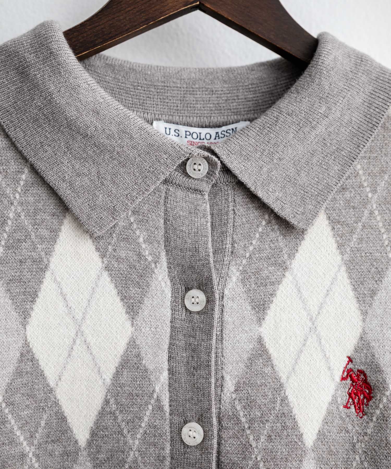 U.S. POLO ASSN. ユーエスポロアッスン W's ワンポイントロゴ刺繍アーガイル柄襟付き長袖ニットカーディガン 16457