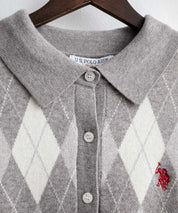 U.S. POLO ASSN. ユーエスポロアッスン W's ワンポイントロゴ刺繍アーガイル柄襟付き長袖ニットカーディガン 16457