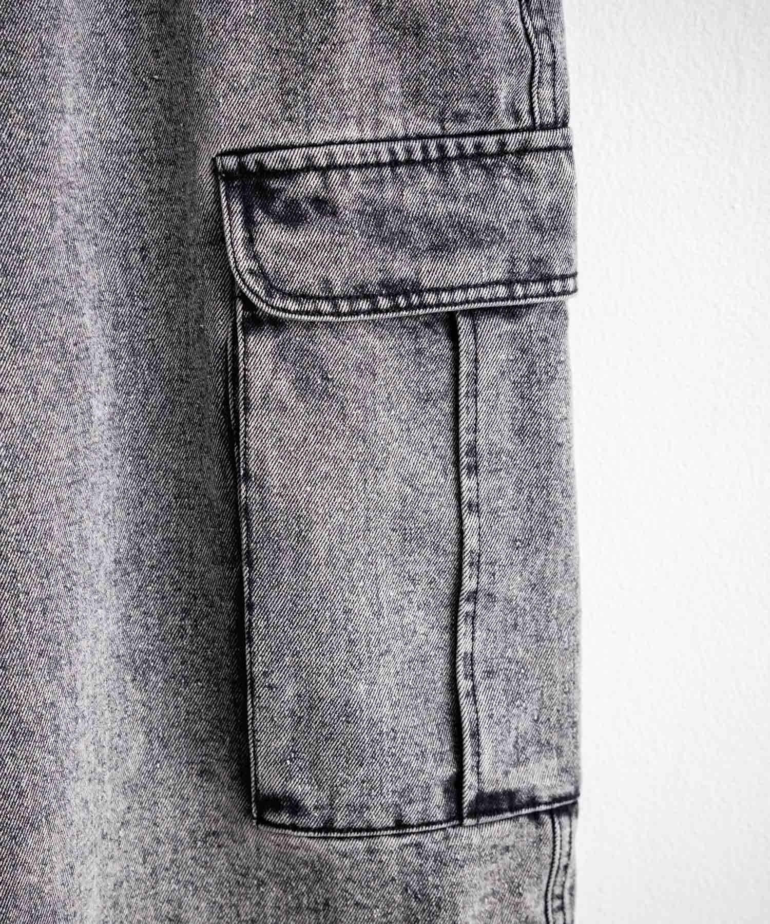 ケミカルウォッシュ オーバーダイ ワイドデニムカーゴハーフパンツ 15733