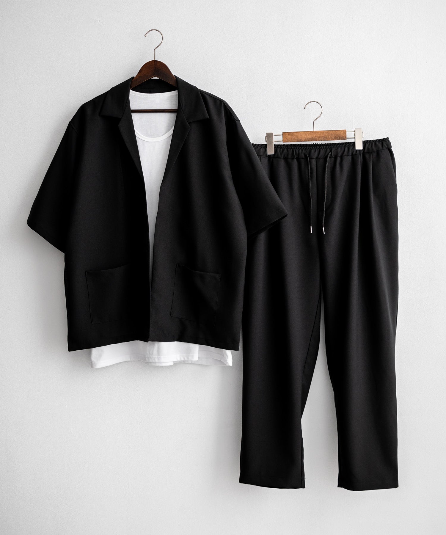 【3点セットアップ】 オーバーサイズ5分袖シャツジャケット&ワイドテーパードパンツ&接触冷感タンクトップ