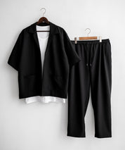 【3点セットアップ】 オーバーサイズ5分袖シャツジャケット&ワイドテーパードパンツ&接触冷感タンクトップ
