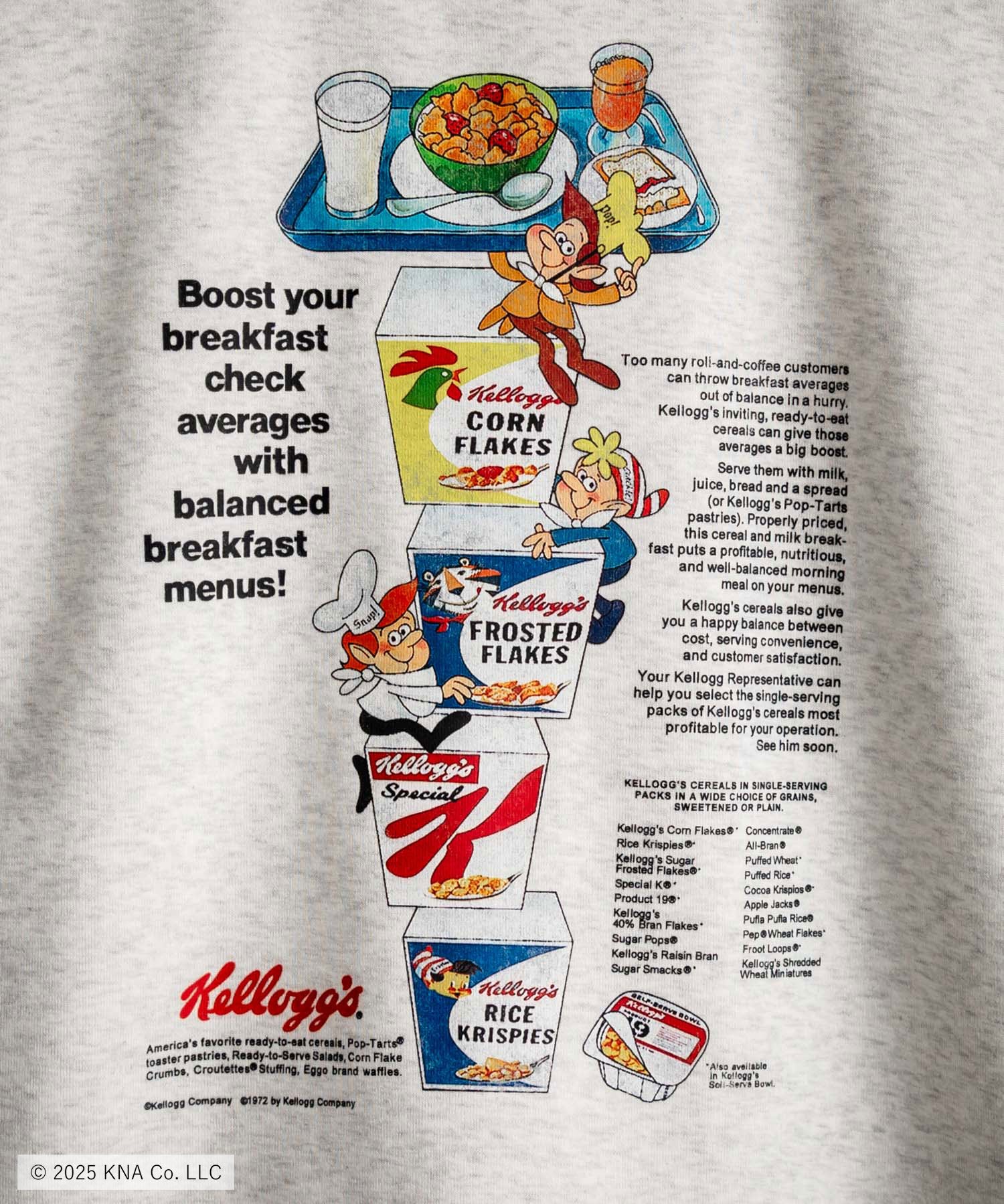 Kellogg's 別注コラボ オーバーサイズヴィンテージライクグラフィックプリント裏起毛スウェットトレーナー 15117