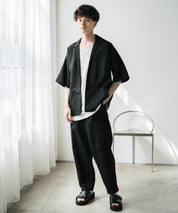 【3点セットアップ】 オーバーサイズ5分袖シャツジャケット&ワイドテーパードパンツ&接触冷感タンクトップ