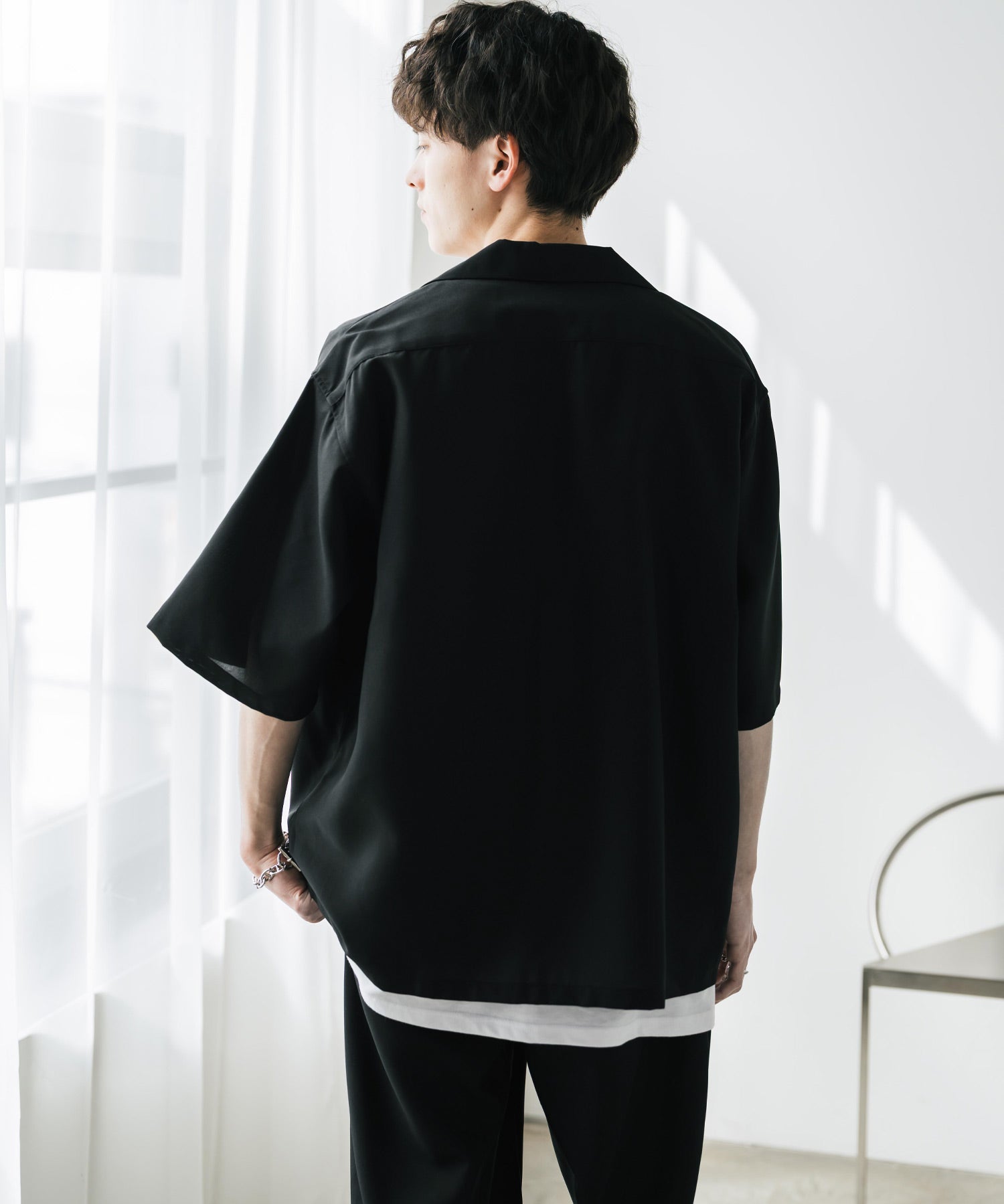 【3点セットアップ】 オーバーサイズ5分袖シャツジャケット&ワイドテーパードパンツ&接触冷感タンクトップ