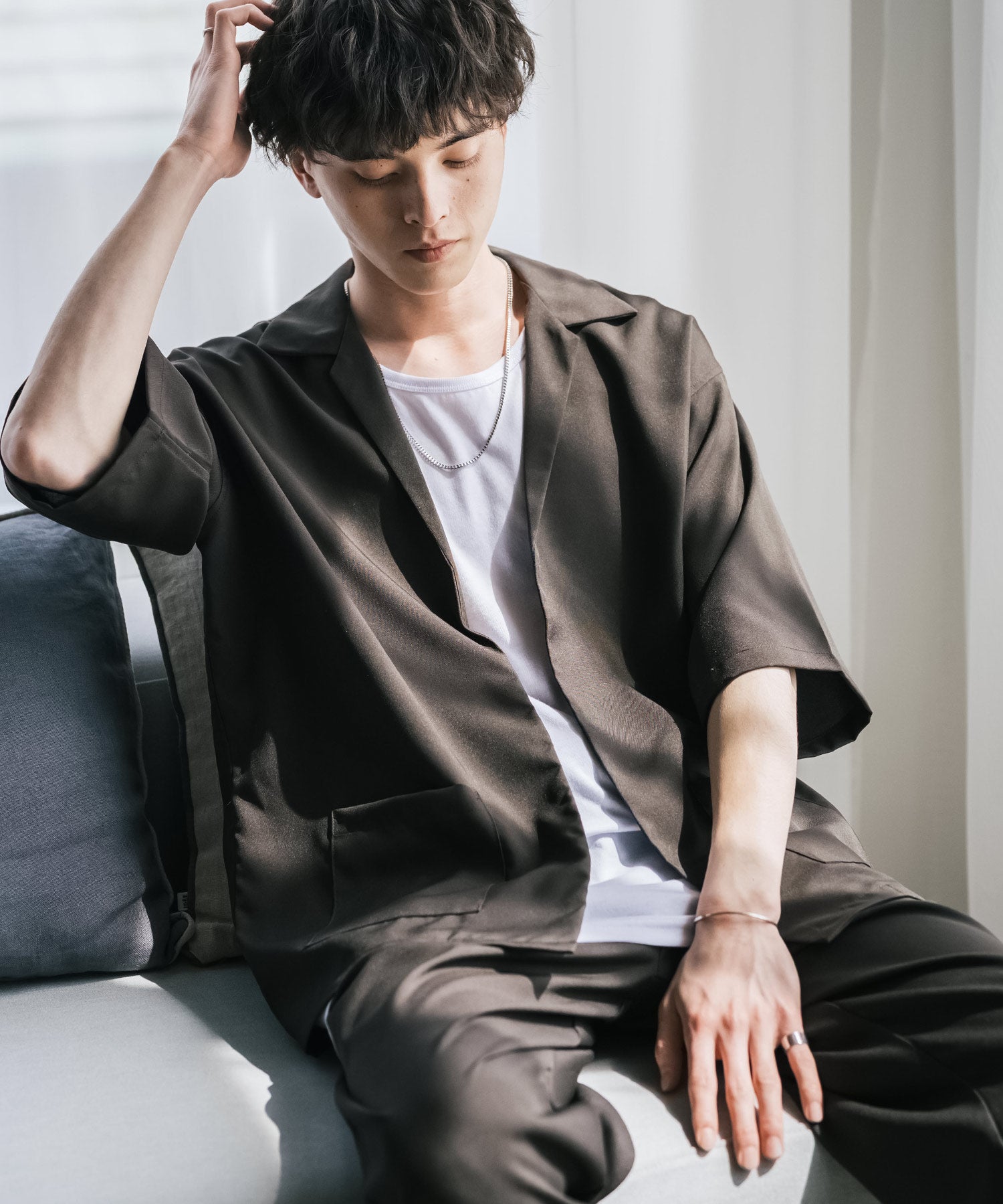 【3点セットアップ】 オーバーサイズ5分袖シャツジャケット&ワイドテーパードパンツ&接触冷感タンクトップ