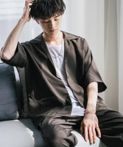【3点セットアップ】 オーバーサイズ5分袖シャツジャケット&ワイドテーパードパンツ&接触冷感タンクトップ