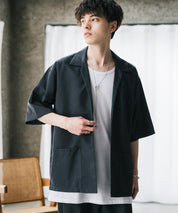 【3点セットアップ】 オーバーサイズ5分袖シャツジャケット&ワイドテーパードパンツ&接触冷感タンクトップ