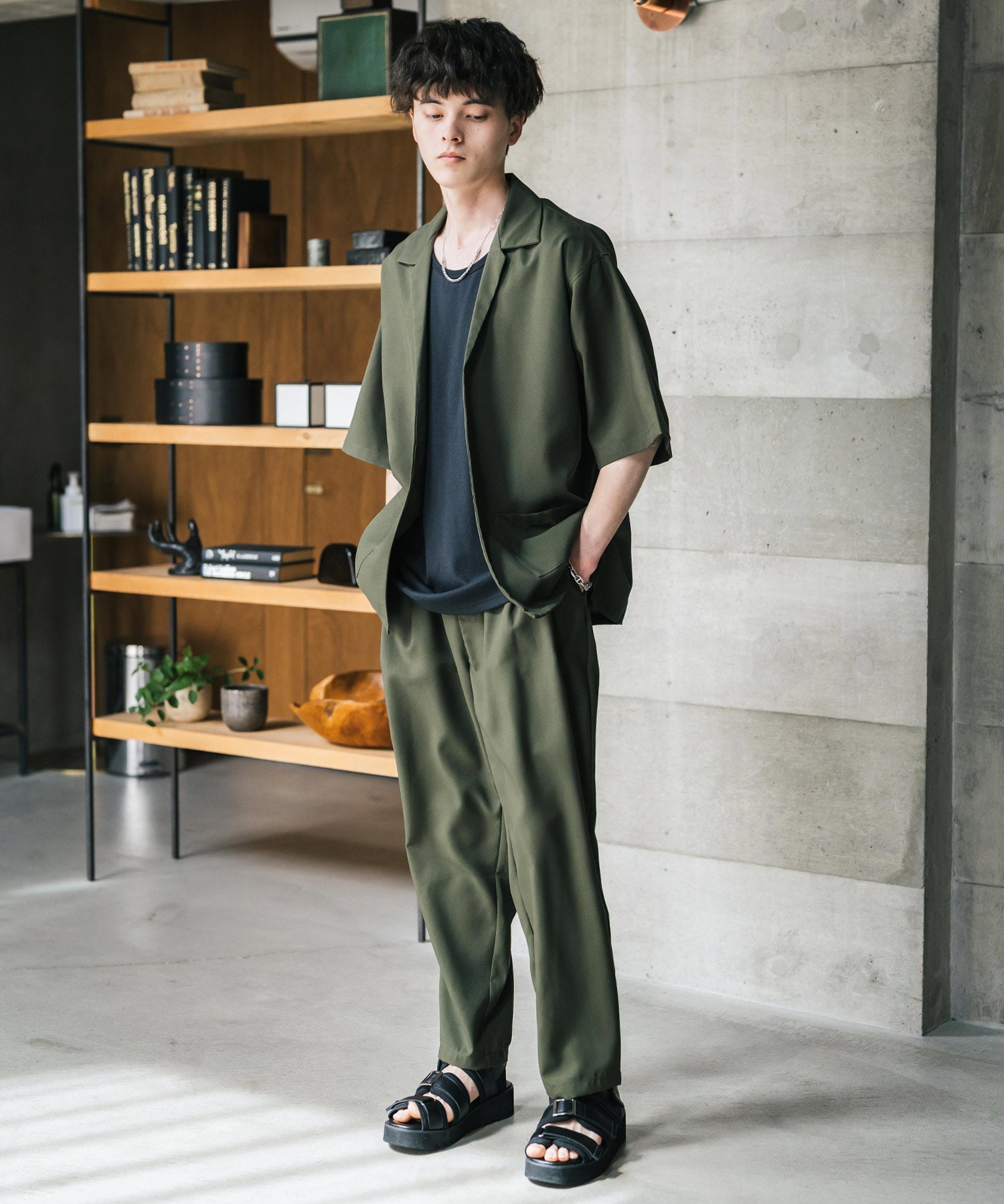 【3点セットアップ】 オーバーサイズ5分袖シャツジャケット&ワイドテーパードパンツ&接触冷感タンクトップ