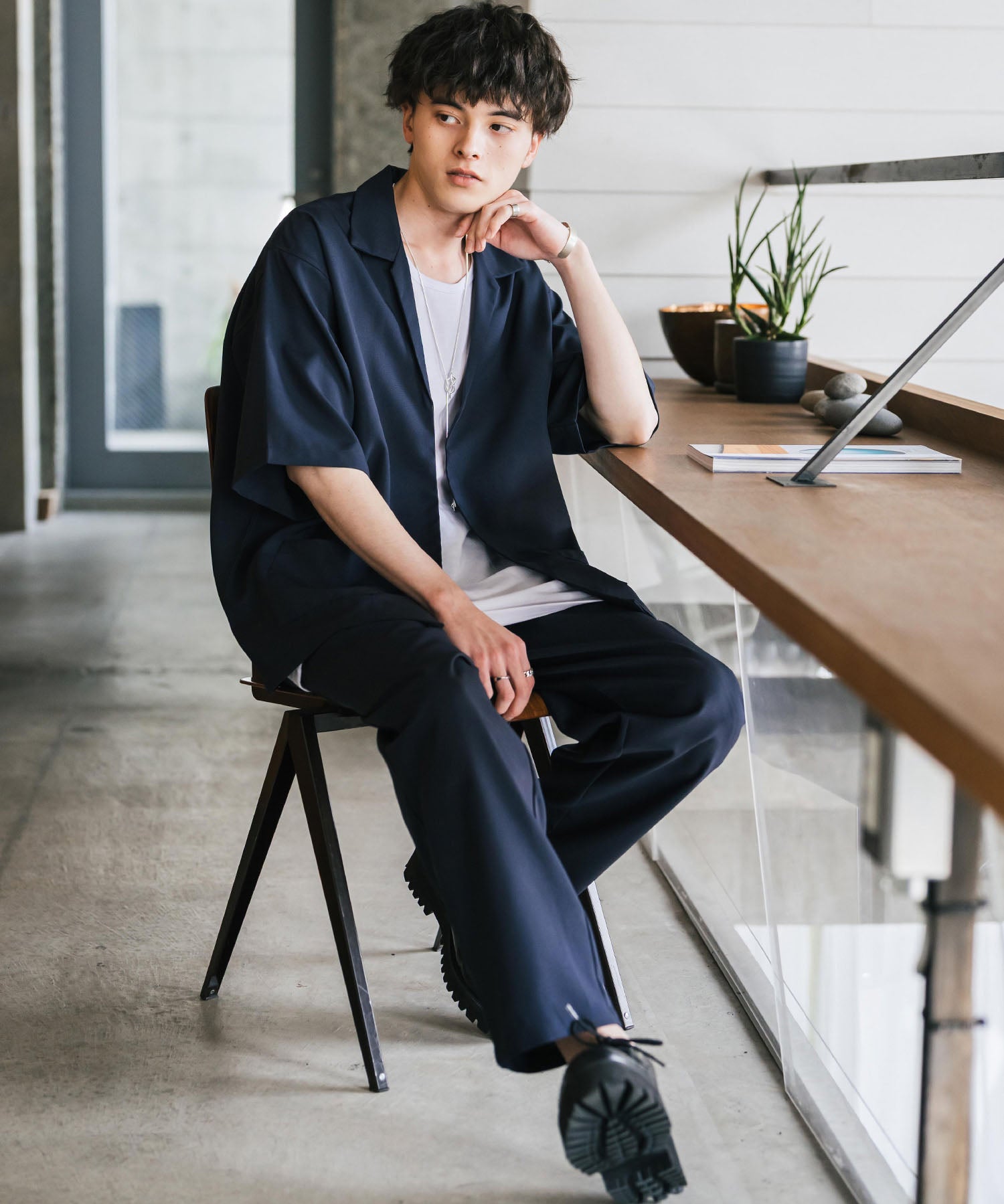 【3点セットアップ】 オーバーサイズ5分袖シャツジャケット&ワイドテーパードパンツ&接触冷感タンクトップ