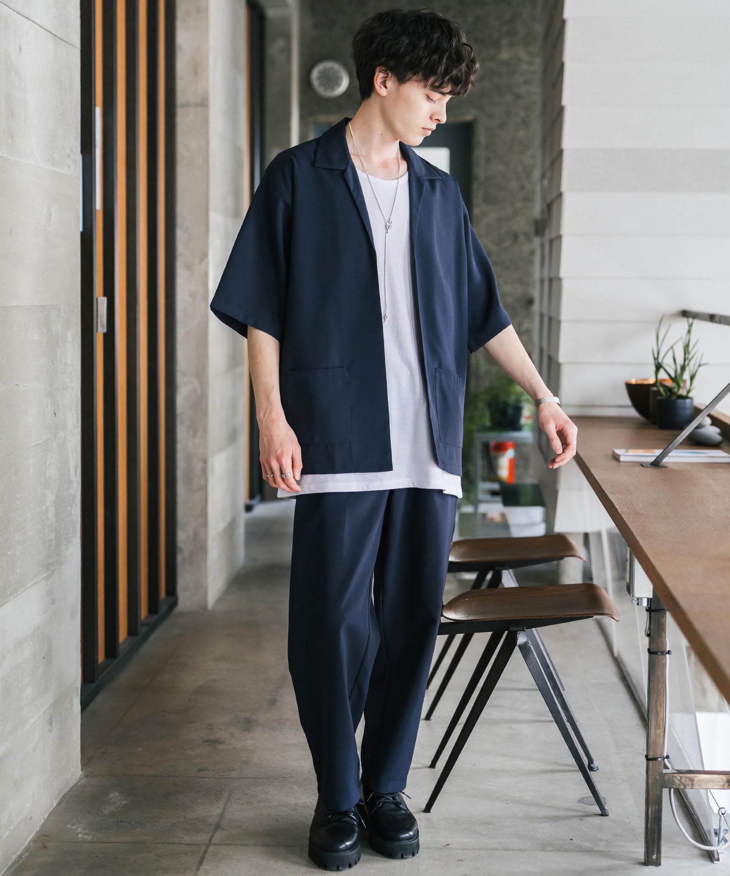 【3点セットアップ】 オーバーサイズ5分袖シャツジャケット&ワイドテーパードパンツ&接触冷感タンクトップ
