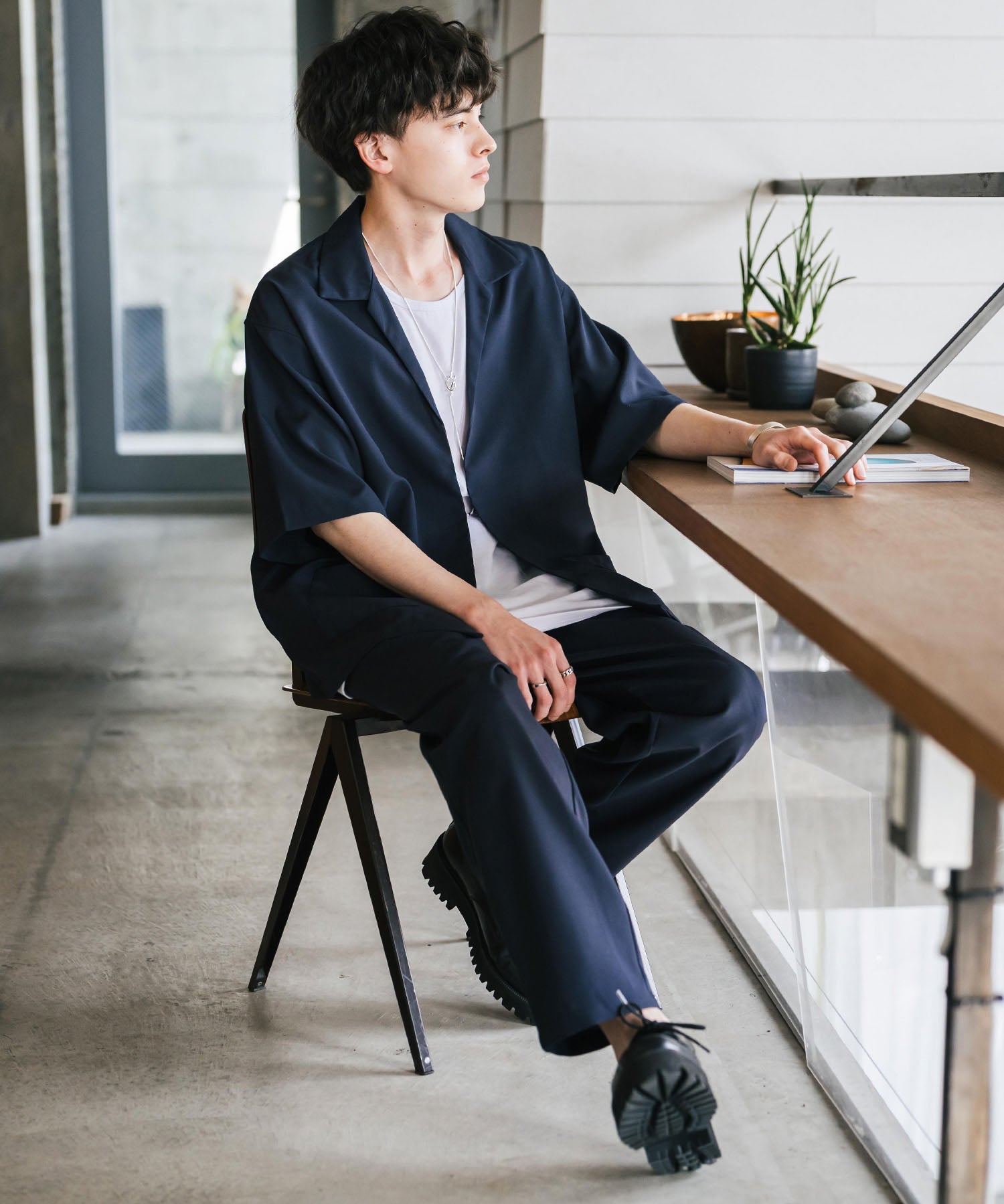 【3点セットアップ】 オーバーサイズ5分袖シャツジャケット&ワイドテーパードパンツ&接触冷感タンクトップ