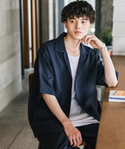 【3点セットアップ】 オーバーサイズ5分袖シャツジャケット&ワイドテーパードパンツ&接触冷感タンクトップ