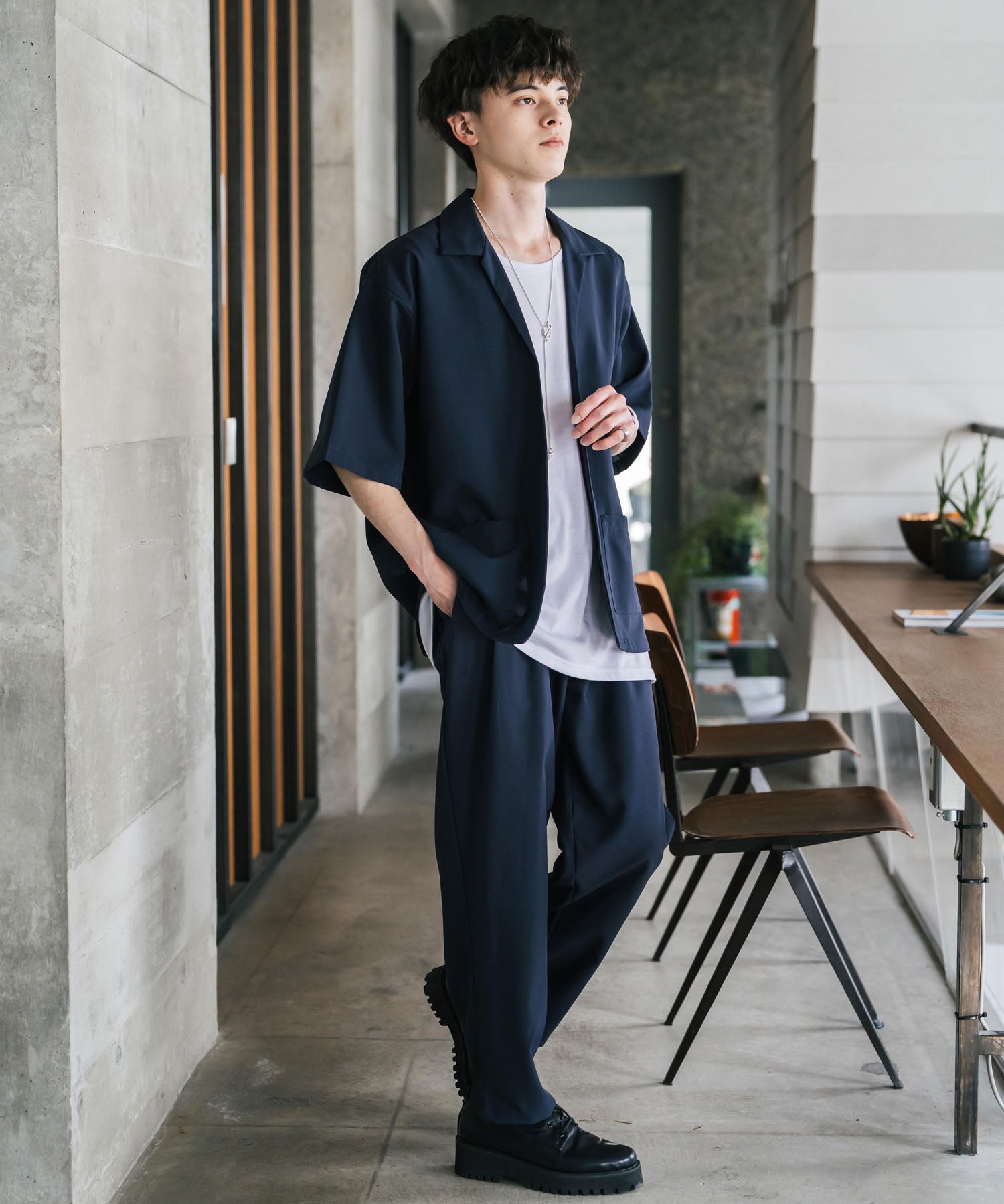 【3点セットアップ】 オーバーサイズ5分袖シャツジャケット&ワイドテーパードパンツ&接触冷感タンクトップ