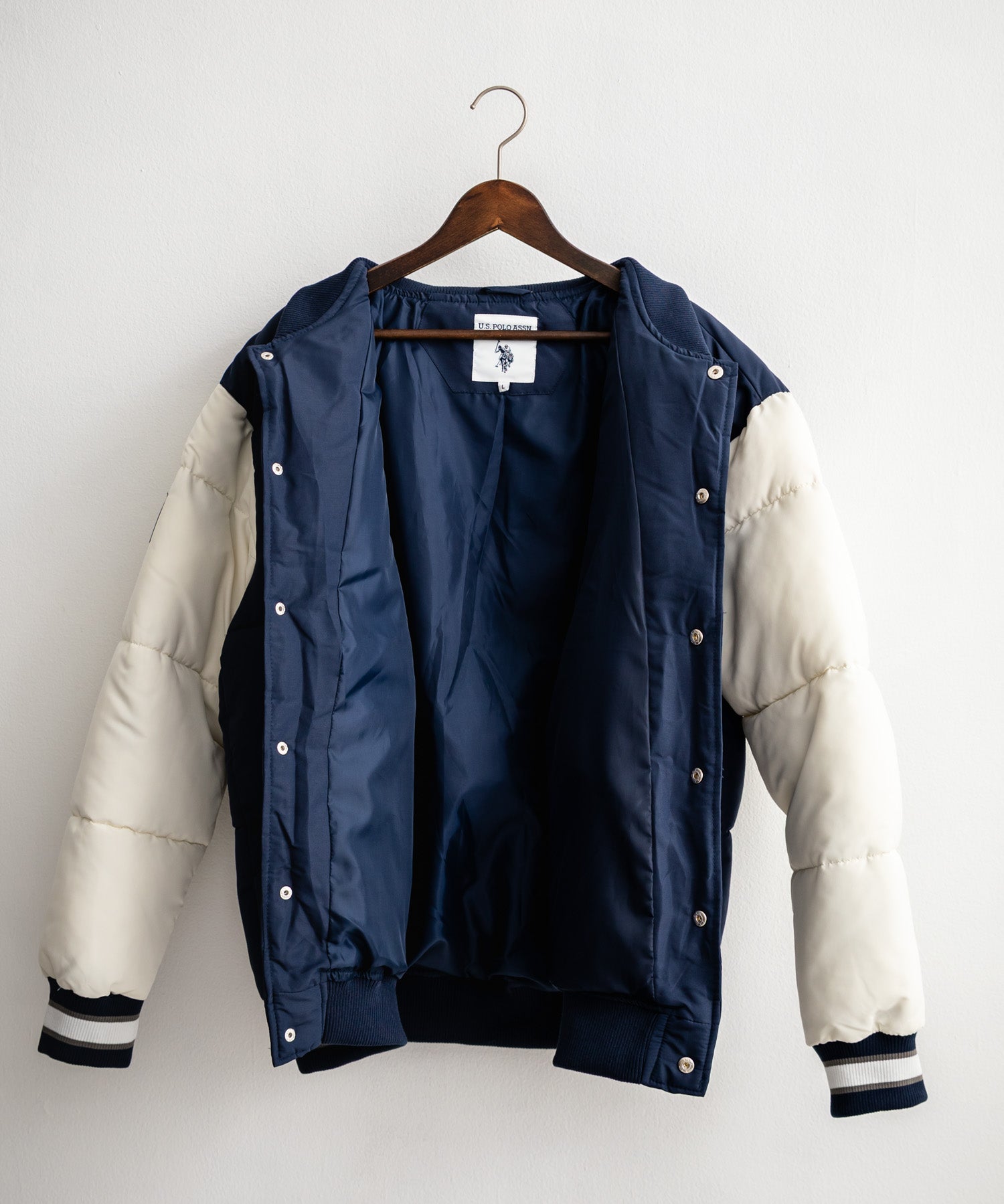U.S. POLO ASSN. ユーエスポロアッスン PADDED VARSITY JACKET オーバーサイズワンポイントロゴ刺繍中綿スタジャン / 配色切替パデッドジャケット 14894
