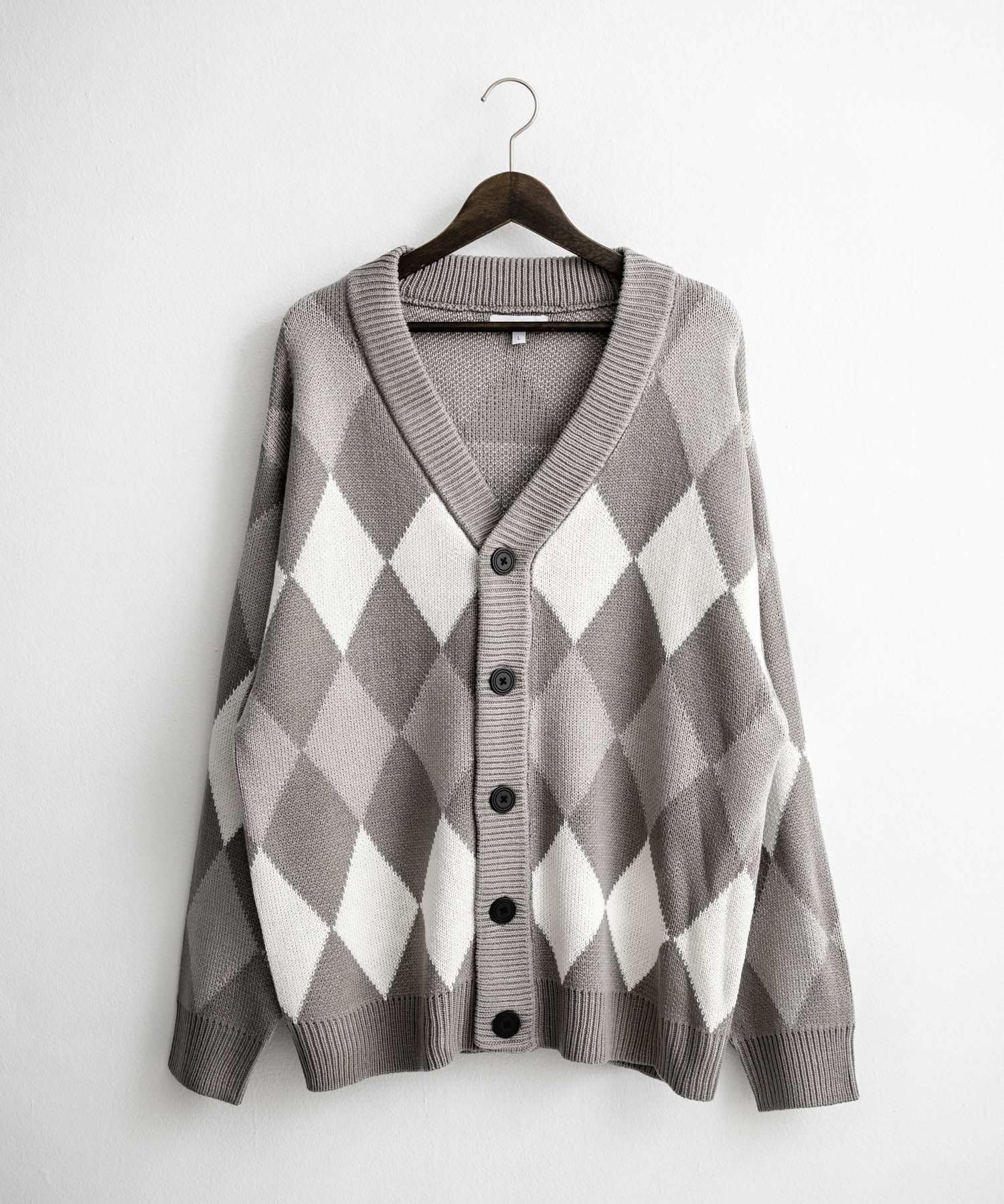 オーバーサイズ総柄Vネックボリュームニットカーディガン アーガイル柄 チェック柄 15484