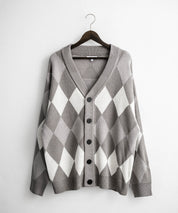 オーバーサイズ総柄Vネックボリュームニットカーディガン アーガイル柄 チェック柄 15484