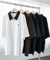 新色追加 U.S. POLO ASSN. 別注コラボオーバーサイズワンポイントロゴ刺繍天竺半袖ハーフジップポロシャツ 無地/クレリック 15426