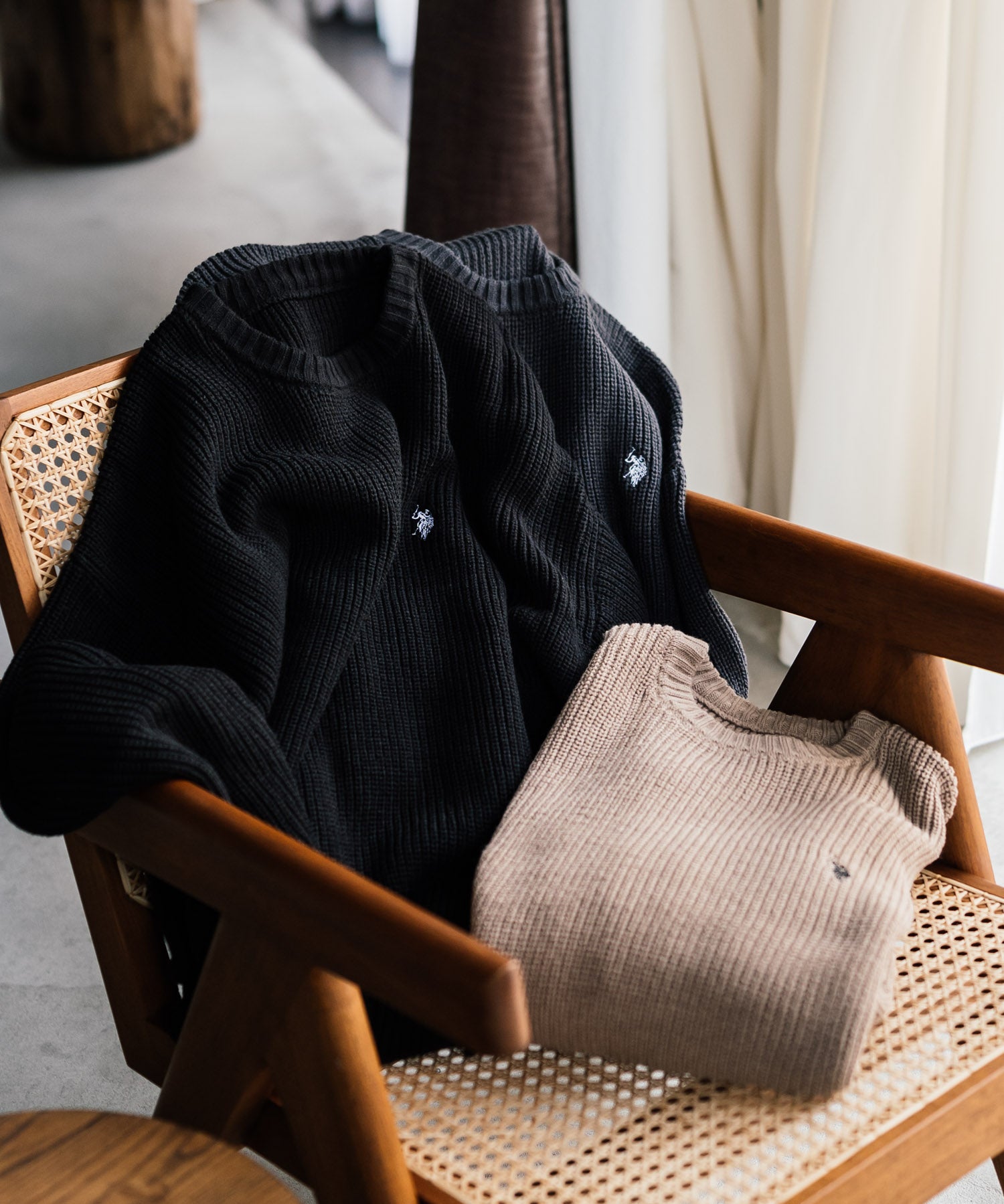 U.S. POLO ASSN. ユーエスポロアッスン 別注コラボ オーバーサイズワンポイントロゴ刺繍畦編みクルーネック長袖ニットセーター 14768
