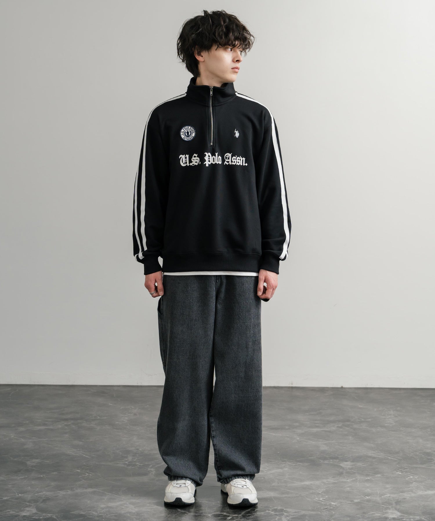 U.S. POLO ASSN. ユーエスポロアッスン half zip sweat shirt オーバーサイズ袖ラインワンポイントロゴ刺繍ハーフジップ裏毛スウェット 14862