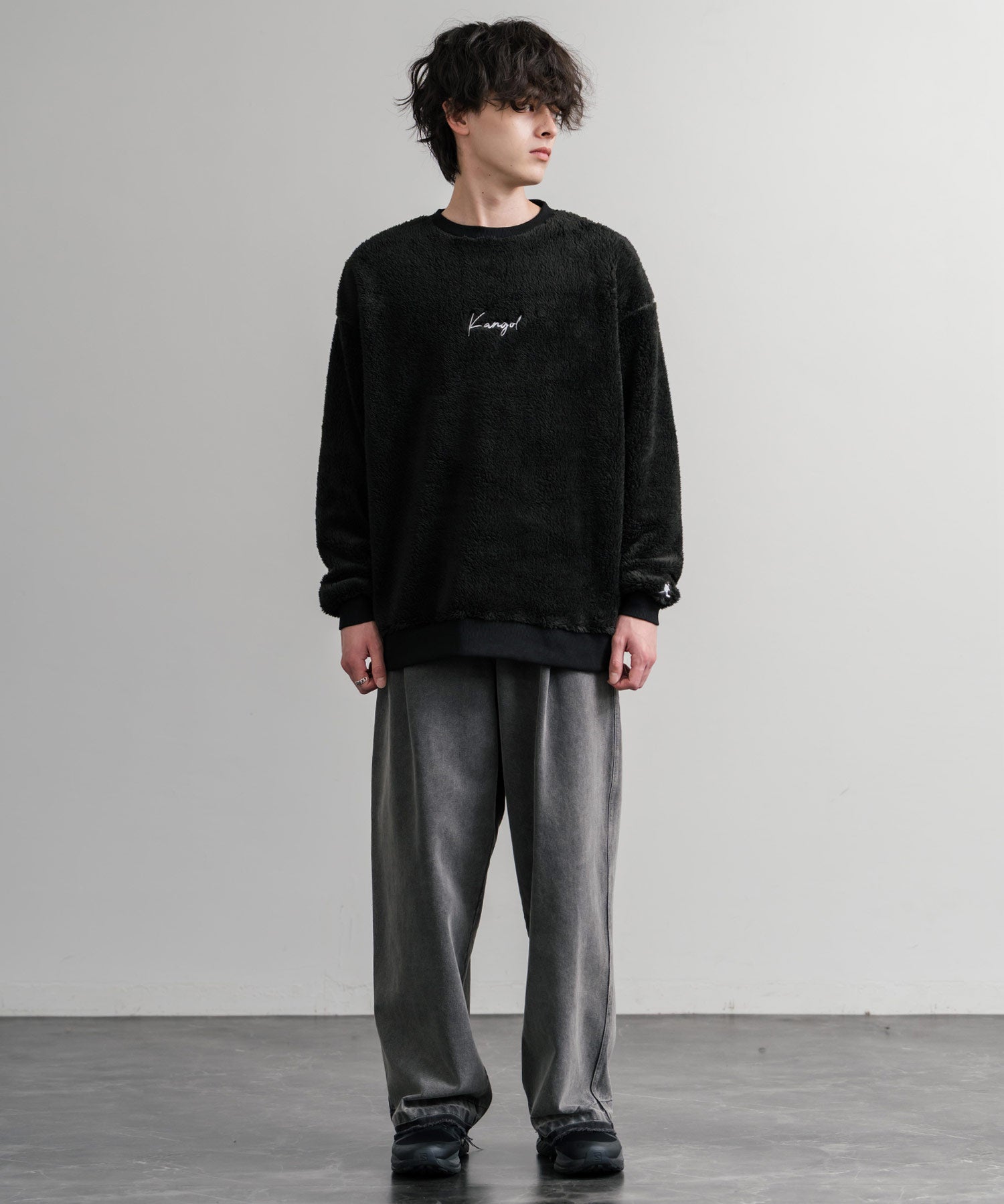 KANGOL カンゴール 別注コラボ ロゴ刺繍シャギーボアフリースクルーネックトレーナー 14625