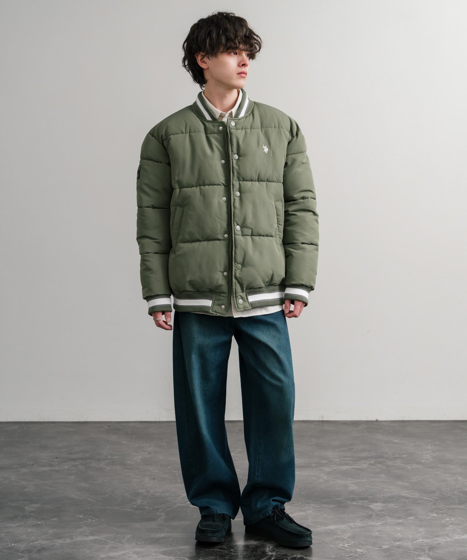 U.S. POLO ASSN. ユーエスポロアッスン PADDED VARSITY JACKET オーバーサイズワンポイントロゴ刺繍中綿スタジャン / 配色切替パデッドジャケット 14894