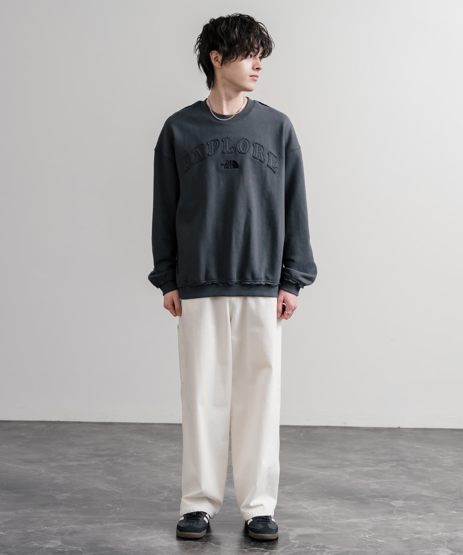 日本未展開モデル THE NORTH FACE ザ・ノースフェイス WHITE LABEL ホワイトレーベル EXPLORE SWEATSHIRTS アップリケ刺繍裏毛長袖スウェット/アーチロゴトレーナー 16595