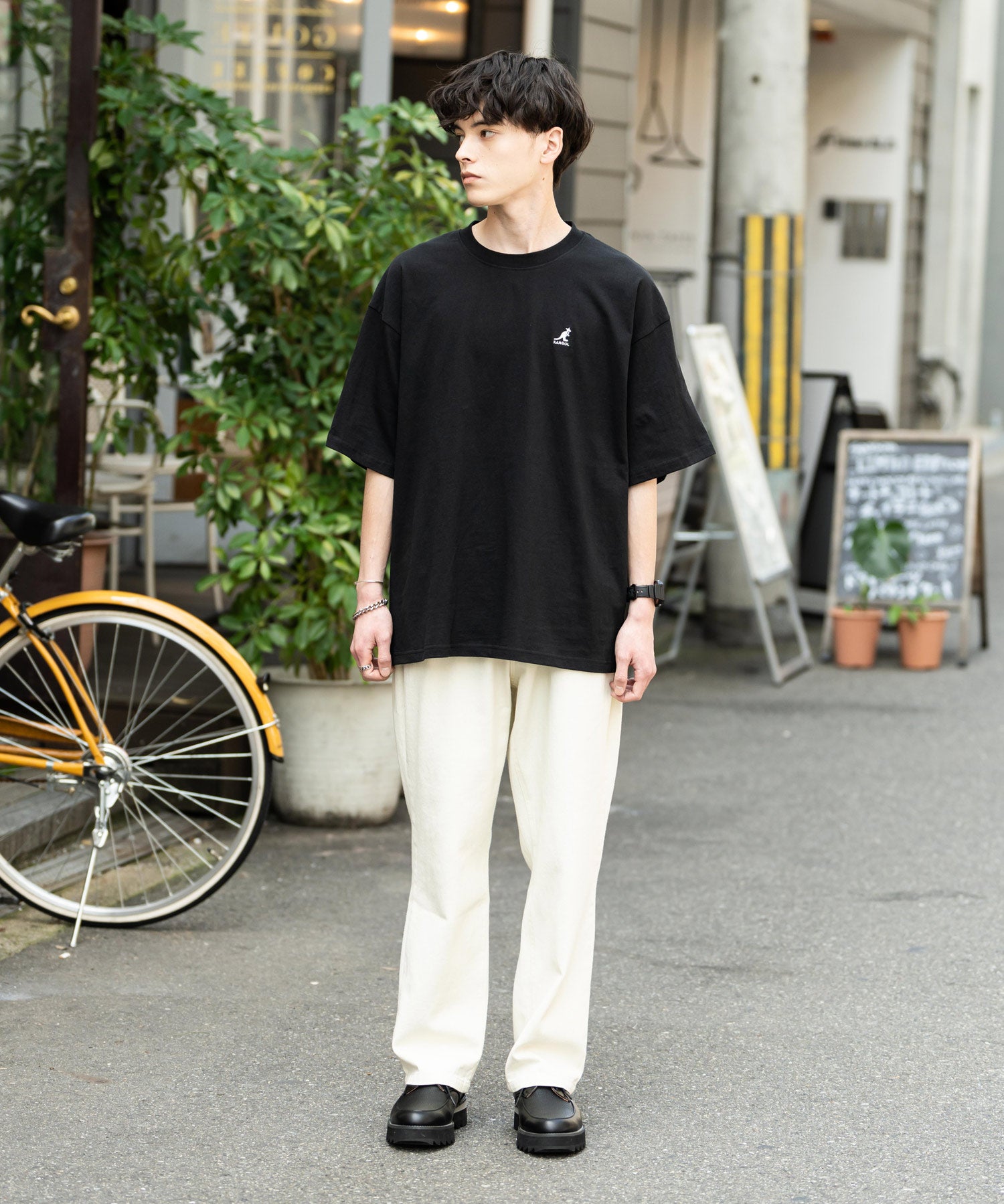 KANGOL 別注コラボ ワンポイントロゴ刺繍半袖クルーネックTシャツ 無地/リンガーネック