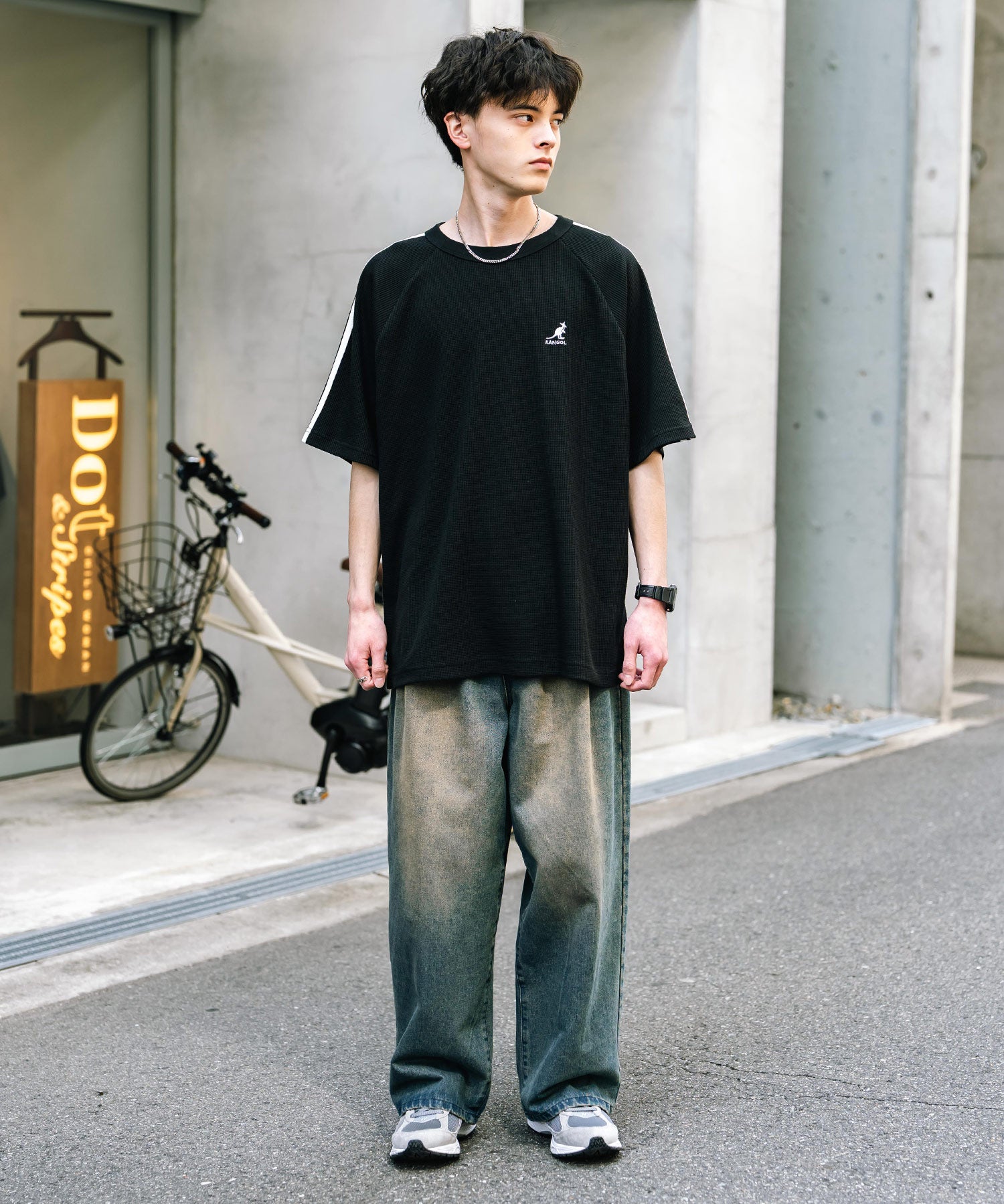 KANGOL カンゴール 別注コラボ オーバーサイズ袖ラインワッフルワンポイントロゴ刺繍ラグラン半袖Tシャツ