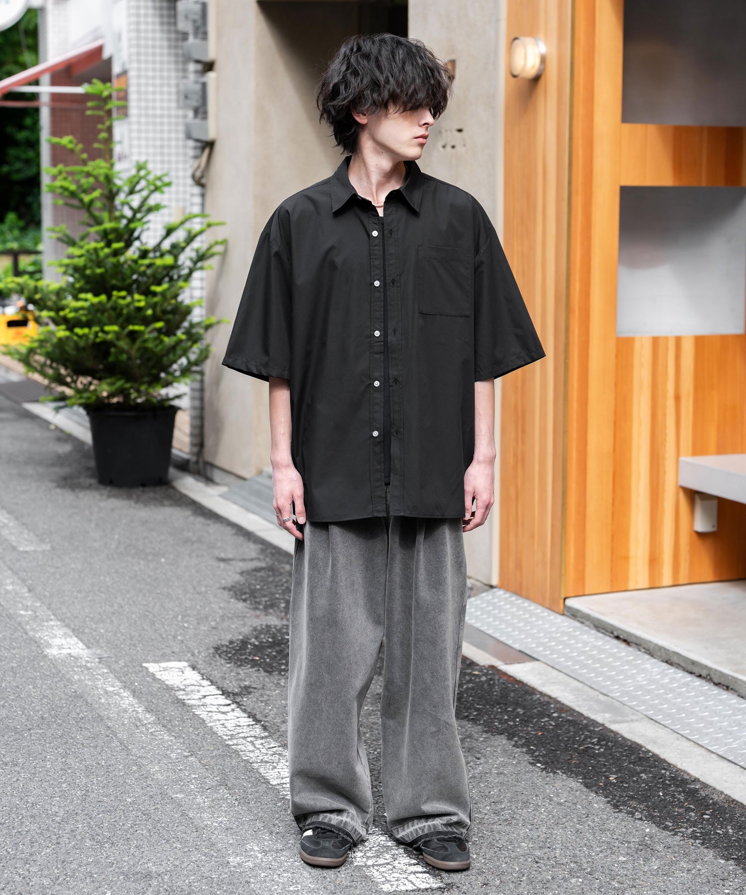 新色追加 オーバーサイズ 無地/チェック柄/ストライプ柄レギュラーカラー半袖シャツ 13977