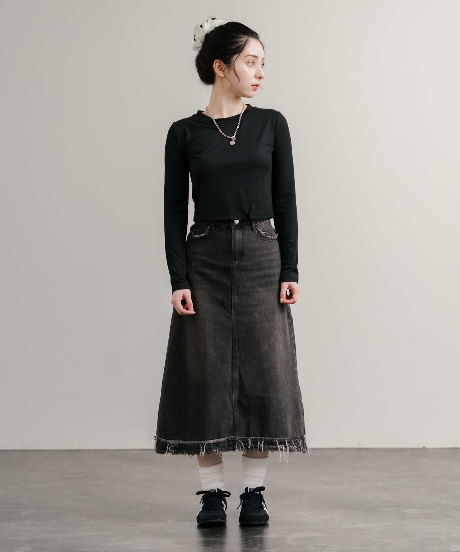 へそ出しショート丈 クロップド丈 切り替えロングTシャツ 14952