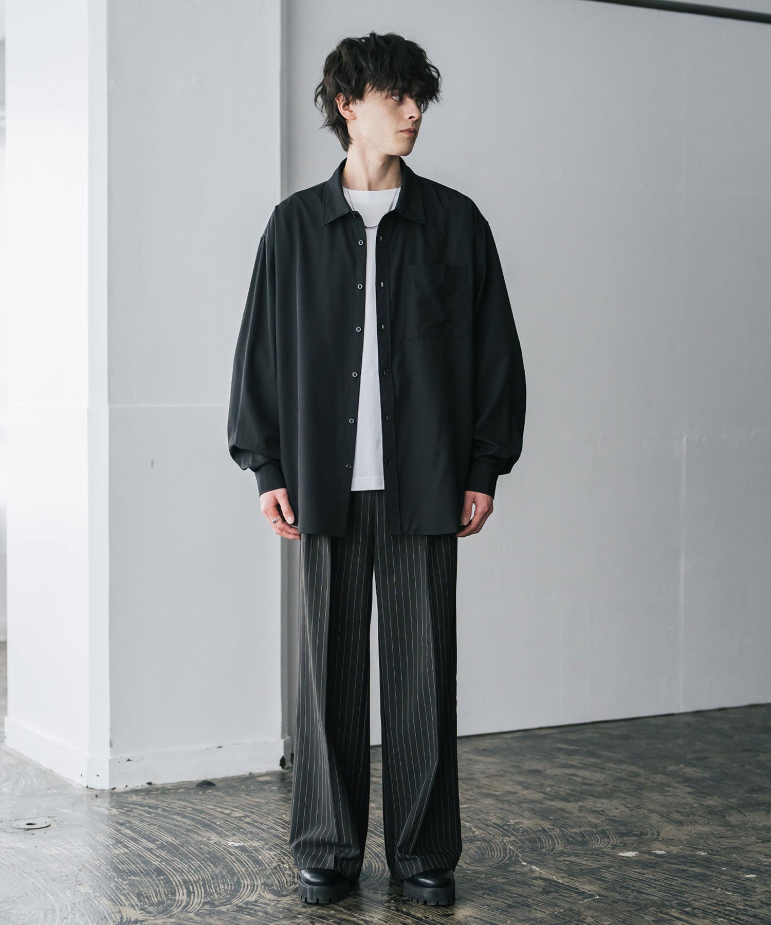 新色追加 オーバーサイズ レギュラーカラーストレッチ長袖シャツ 11915