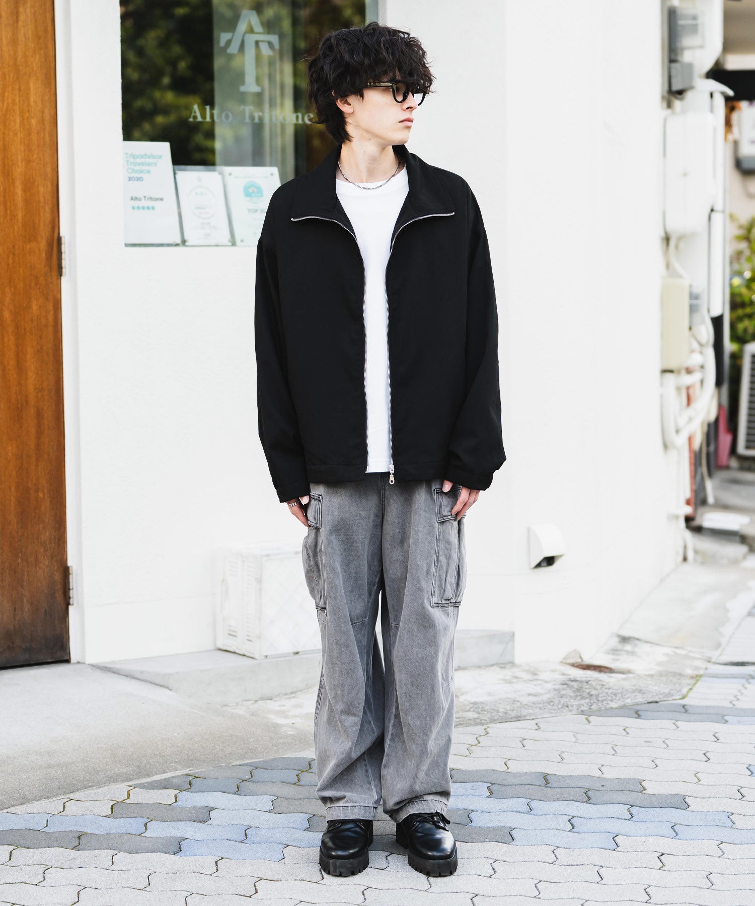 オーバーサイズTRストレッチスタンドカラージャケット ジップアップショートブルゾン 14120