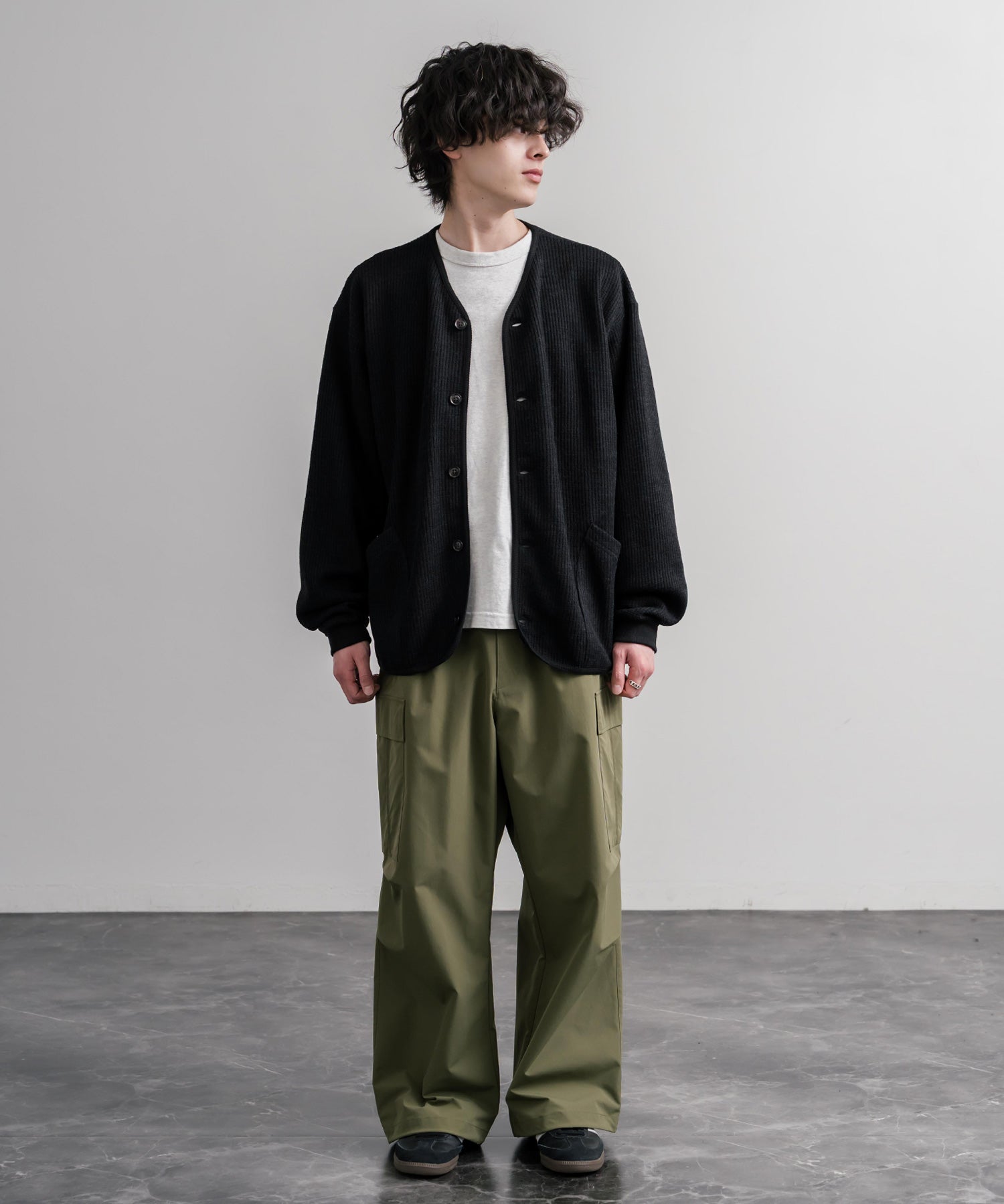 Upscape Audience アップスケープオーディエンス 日本製ウールビックワッフルニットソーノーカラーアーミーカーディガン AUD7290 16471