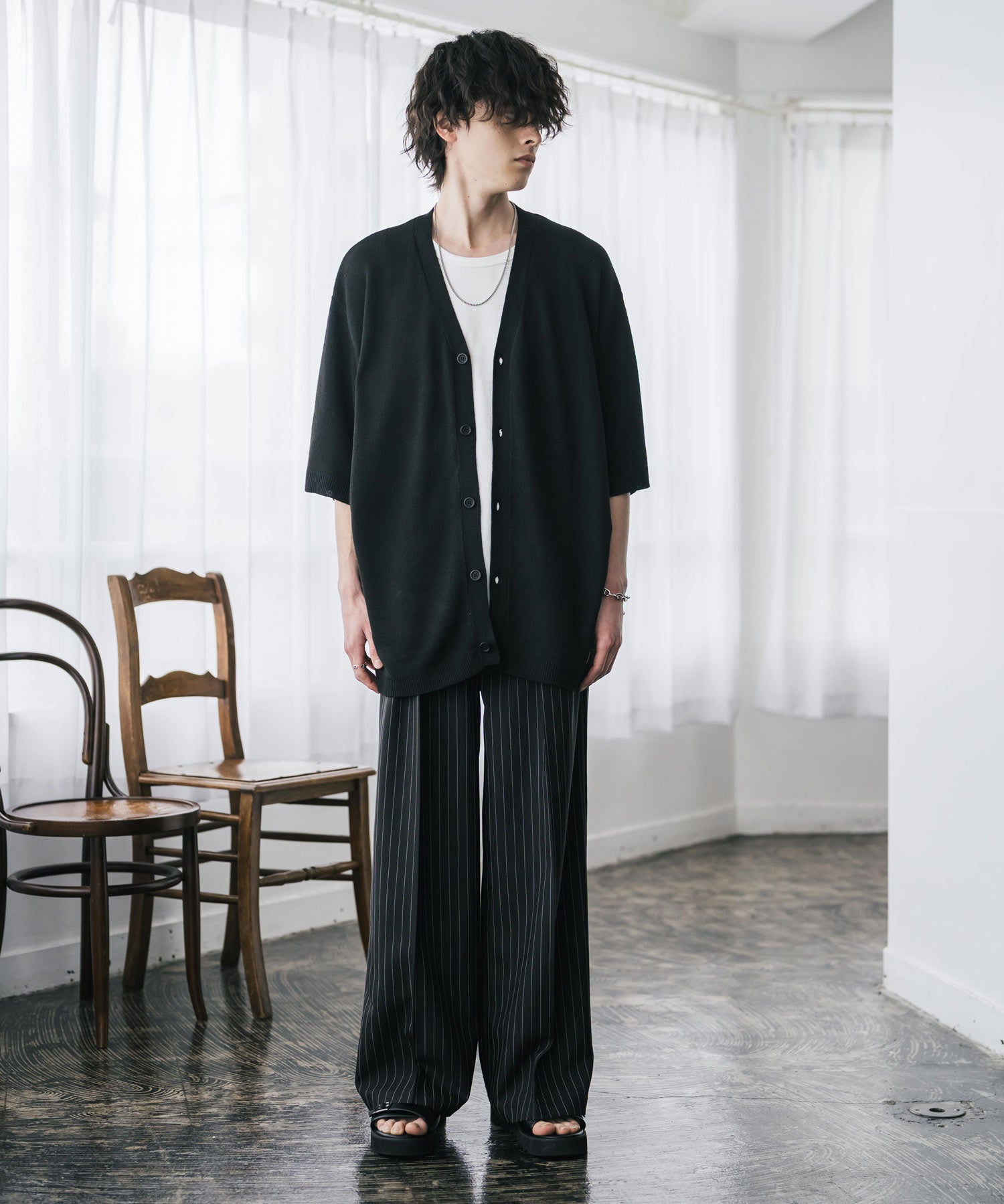 接触冷感 オーバーサイズVネックハイゲージ半袖サマーニットカーディガン 15472