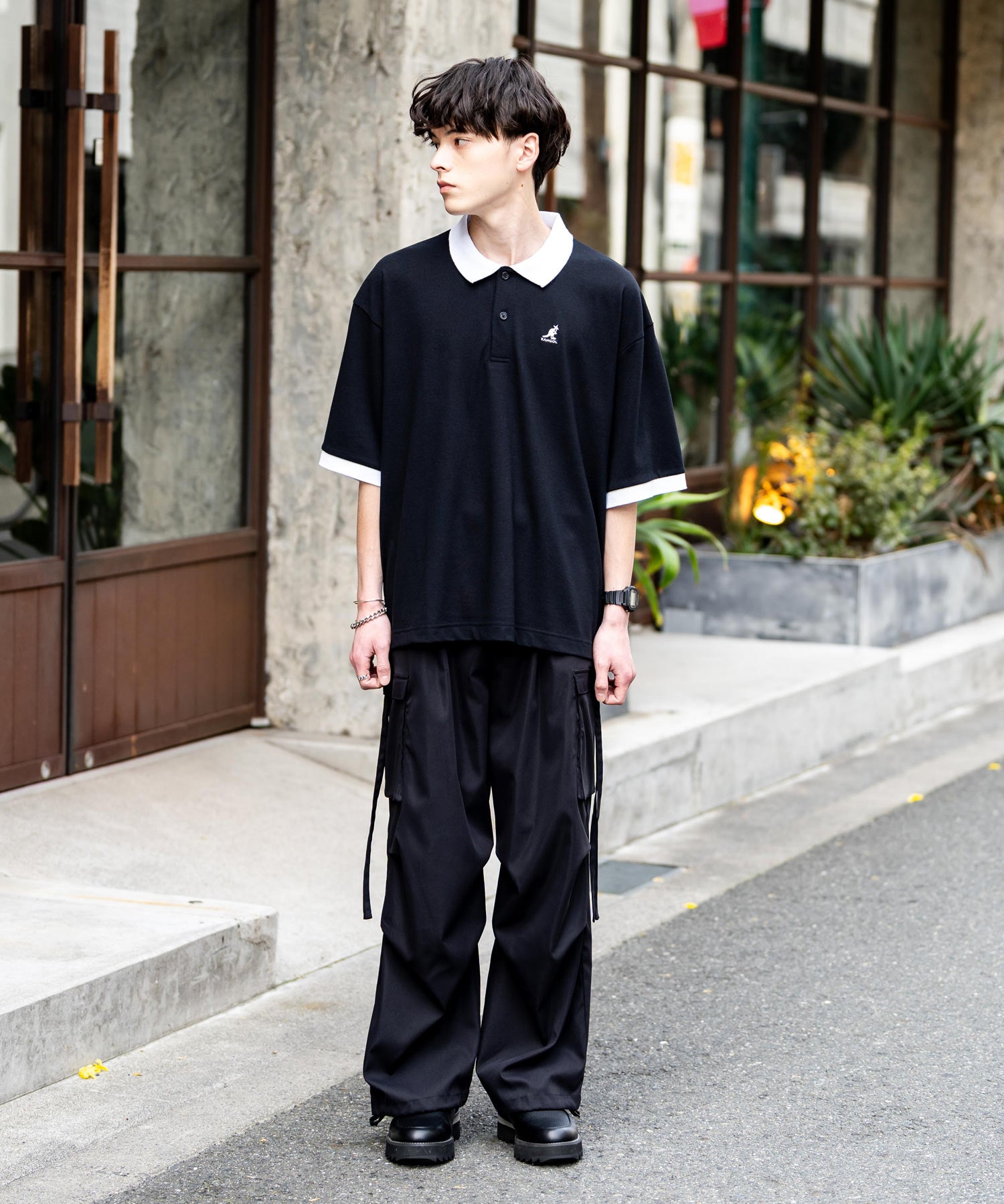 KANGOL カンゴール 別注コラボ 鹿の子クレリック/ラインリブ/ワンポイント刺繍オーバーサイズ半袖ポロシャツ