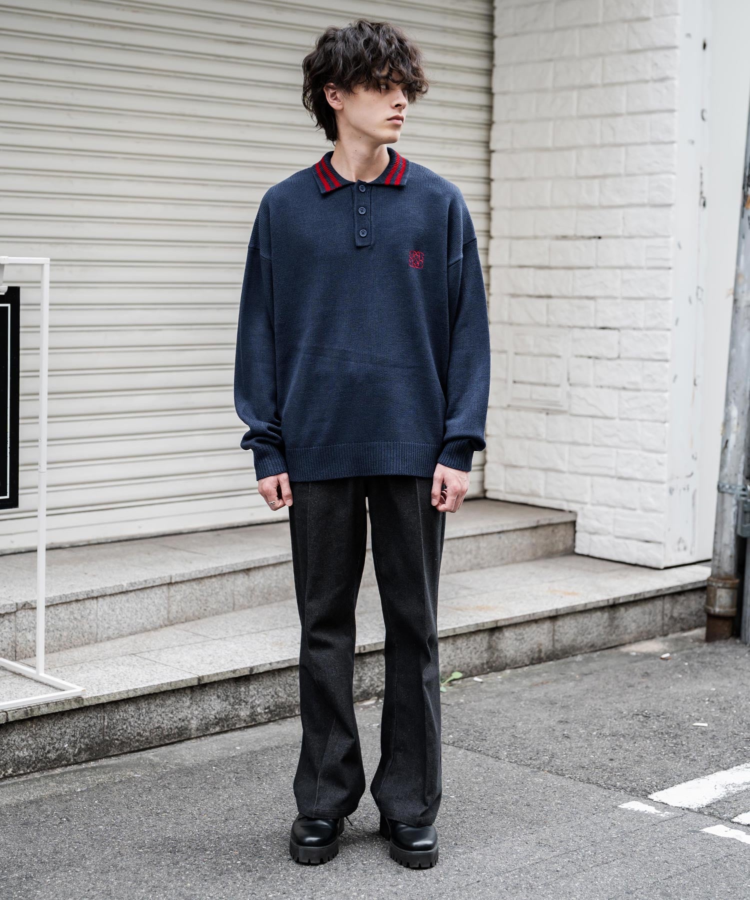 オーバーサイズ ワンポイント刺繍リブラインニットポロシャツ	15188