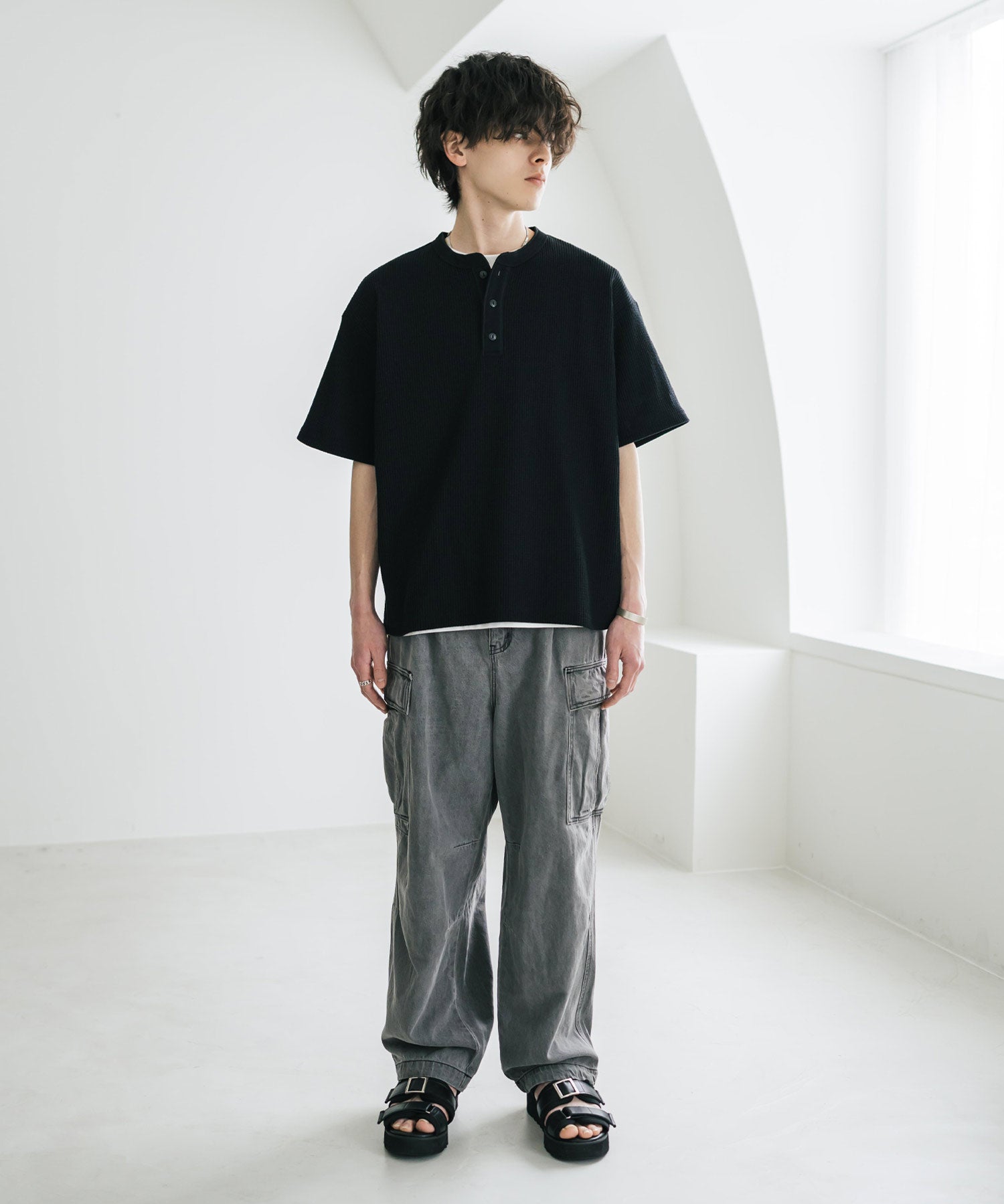 オーバーサイズ T/Cワッフルヘンリーネック半袖Tシャツ 15578